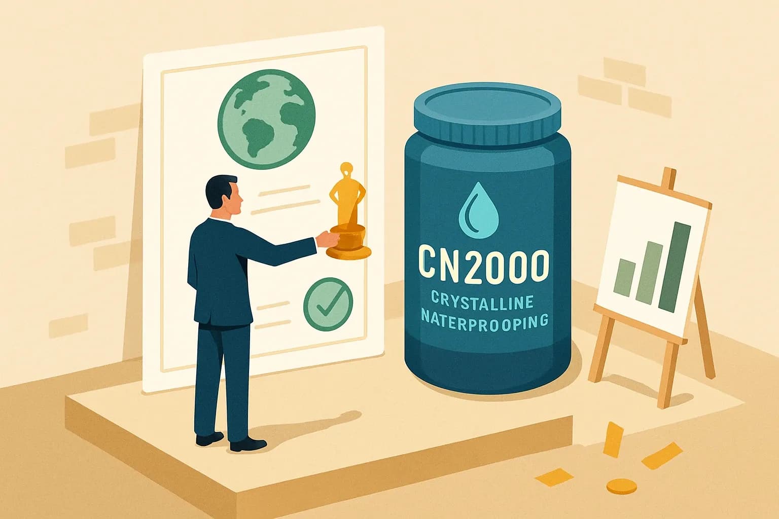 Generate an illustration for an article following this concept:

Congrats ZHONGHE: first EPD for CN2000 crystalline waterproofing
A new name steps onto the spec stage. Tianjin Hi‑tech Industry Park ZHONGHE Waterproof Material Co., Ltd. has published its first Environmental Product Declaration for the CN2000 crystalline waterproofing line, released in January 2026. One verified EPD means fewer conservative assumptions in bids, easier submittals, and more doors open where LEED v5 and owner standards ask for product‑specific disclosures (USGBC, 2025).

Ensure that you use no text, as this illustration will be used on international translations of the article..

Use an illustrative style (e.g. isometic) and don't generate in a photorealistic style.