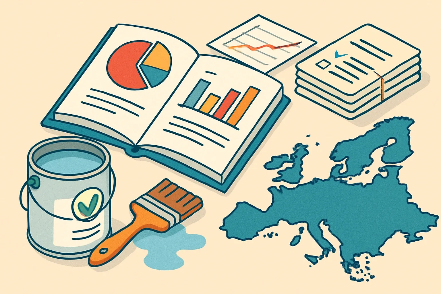 Generate an illustration for an article following this concept:

EPDs for Paint in Europe: The ultimate data guide
Here is the complete 2026 picture for paint and architectural coatings EPDs in Europe. We pulled counts, operators, PCR choices, expiries, and issuance tempo so manufacturers can benchmark and plan renewals without guesswork.

Ensure that you use no text, as this illustration will be used on international translations of the article..

Use an illustrative style (e.g. isometic) and don't generate in a photorealistic style.