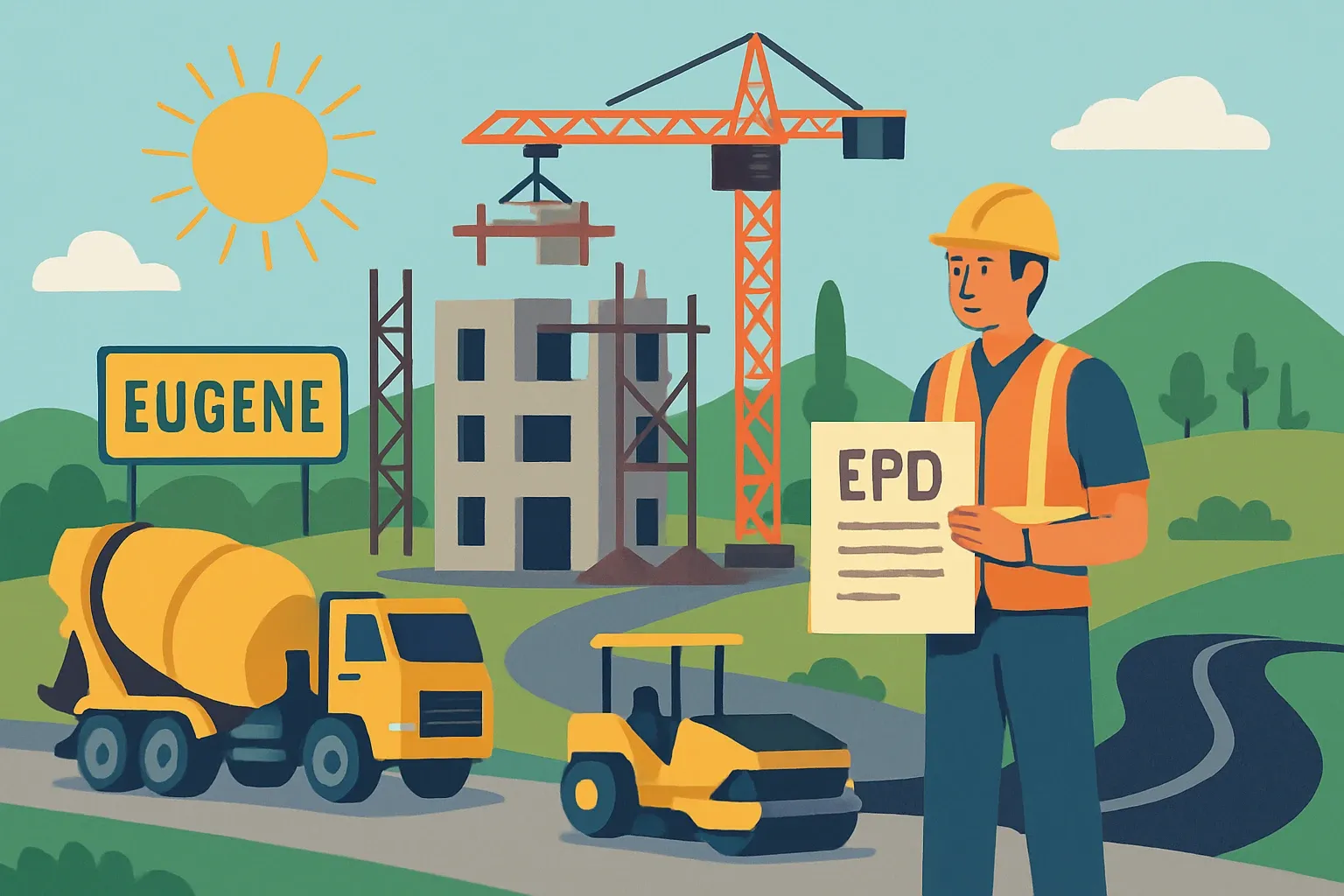 Generate an illustration for an article following this concept:

Eugene Climate Plan: EPDs Manufacturers Need Now
Eugene, Oregon quietly flipped the script on public works concrete. Beginning in 2025, city projects enforce carbon thresholds verified with EPDs, and asphalt is signaled as next. For material manufacturers, this turns an optional credential into a ticket to bid. Here’s how the Community Climate Action Plan translates into practical requirements, and how to be ready before procurement asks for it.

Ensure that you use no text, as this illustration will be used on international translations of the article..

Use an illustrative style (e.g. isometic) and don't generate in a photorealistic style.