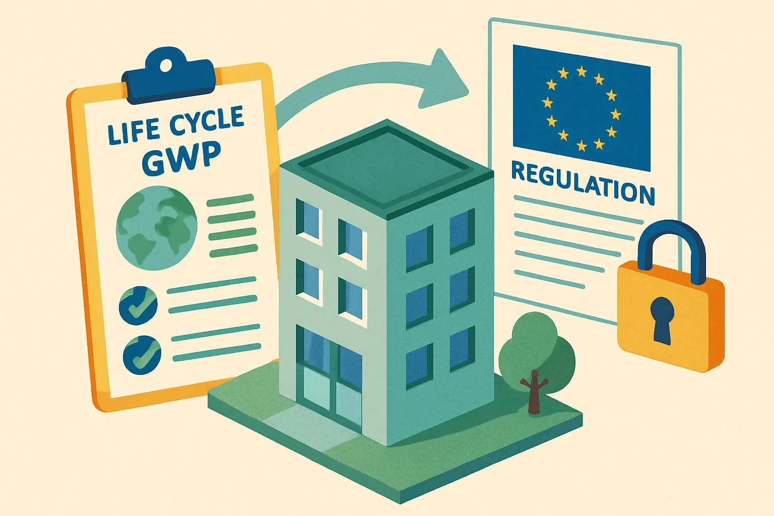 Generate an illustration for an article following this concept:

EPBD locks in life‑cycle GWP for EU buildings
On December 16, 2025, the European Commission adopted a delegated act that standardises how to calculate and disclose a building’s life‑cycle global warming potential across the EU. It anchors the math in EN 15978 and pushes verified, product‑specific data to the front of the line. If your products sell into EU projects, EPDs just moved from nice‑to‑have to required reading.

Ensure that you use no text, as this illustration will be used on international translations of the article..

Use an illustrative style (e.g. isometic) and don't generate in a photorealistic style.