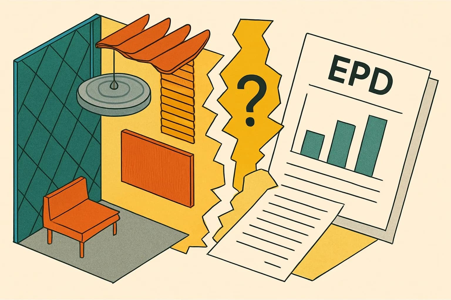Generate an illustration for an article following this concept:

Fräsch: acoustic PET design and the EPD gap
Fräsch builds statement‑making acoustical solutions in PET felt for walls, ceilings, and lighting. The portfolio is broad and on‑trend. The open question for specifiers chasing LEED points is simple: where are the product‑specific EPDs that make submittals painless?

Ensure that you use no text, as this illustration will be used on international translations of the article..

Use an illustrative style (e.g. isometic) and don't generate in a photorealistic style.