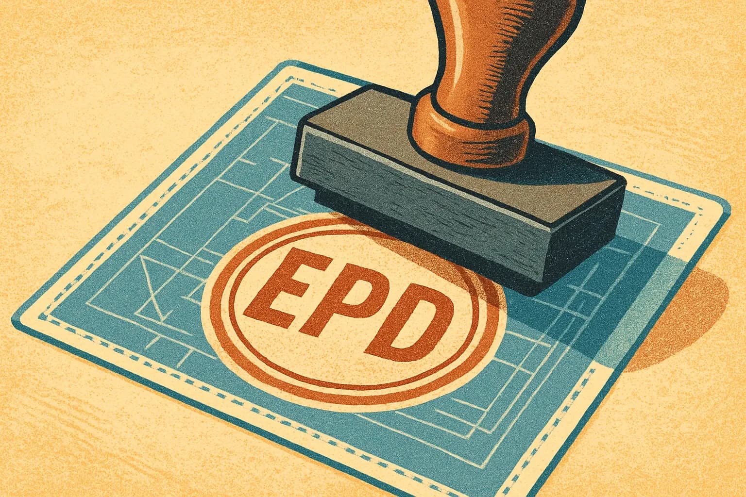 An oversized rubber stamp imprinting “EPD” onto a blueprint sheet, suggesting documents as travel papers for bids.