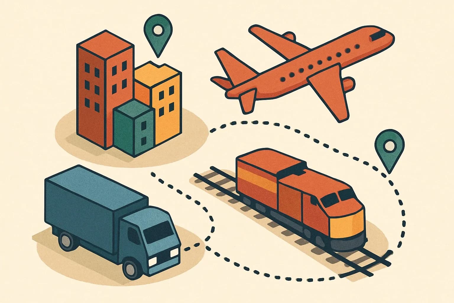 Generate an illustration for an article following this concept:

Transport in EPDs: Get Cities, Modes, Distances Right
Chasing exact miles for every shipment is a time sink with little upside. Model transport once, well, and your A4 results become both realistic and verifier‑proof. The trick is to lock a consistent set of origin cities, choose defensible modes, and set representative distances you can reuse across product lines without getting lost in dispatch logs.

Ensure that you use no text, as this illustration will be used on international translations of the article..

Use an illustrative style (e.g. isometic) and don't generate in a photorealistic style.
