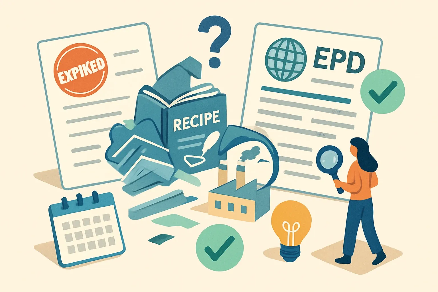 Generate an illustration for an article following this concept:

EPD Expired, Recipe Unchanged: What Now
If the formulation barely budged, does an old EPD still fly in bids? Usually not. Most programs set a five‑year validity and buyers now look for current, third‑party verified PDFs in the packet. The trick is knowing which “small” plant or energy tweaks cross the line into a material change, and when a straight re‑verification beats a ground‑up refresh. Here is the playbook to protect specs without wasting effort.

Ensure that you use no text, as this illustration will be used on international translations of the article..

Use an illustrative style (e.g. isometic) and don't generate in a photorealistic style.