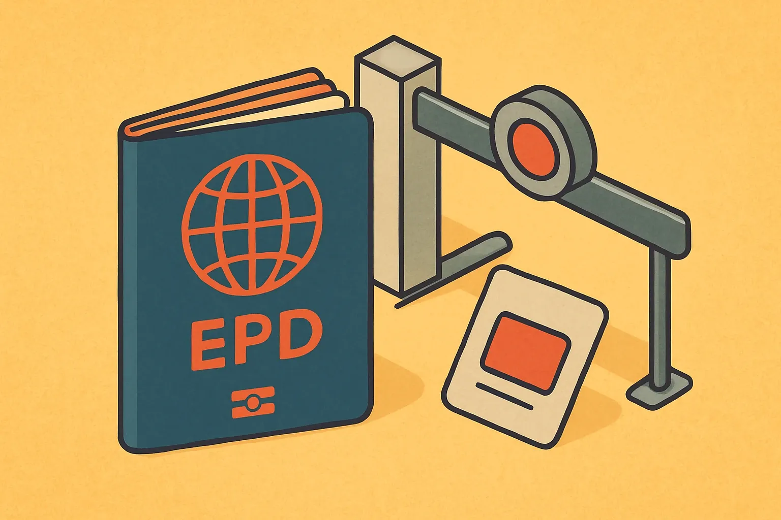 A stylized passport with an EPD cover stamp placed next to a gate labeled “Bids,” where a green light turns red after the expiry date, conveying the idea that an expired EPD blocks access.