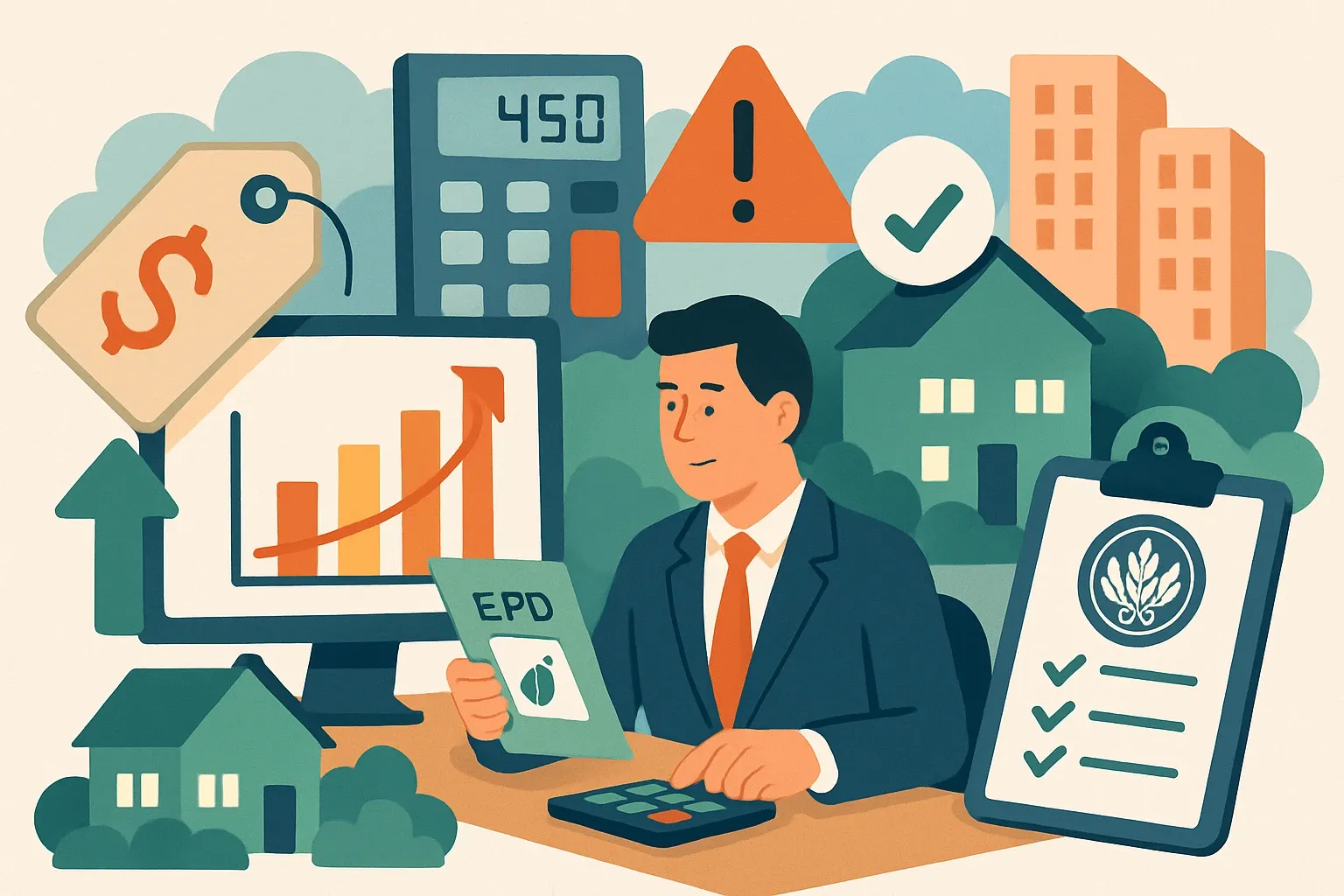 Generate an illustration for an article following this concept:

Insurers Are Quietly Speeding Up EPD Demand
Insurance underwriters are turning sustainability data into pricing signals. In high‑risk geographies, weaker documentation can mean tougher risk scores, slower renewals, and higher property premiums. Green building certifications and product‑level transparency give underwriters verified proof that risk is being managed. That proof is increasingly rewarded in procurement frameworks like LEED v5 and BREEAM, which nudge project teams to prefer products with product‑specific EPDs. For manufacturers, this convergence does two things at once: it unlocks specs and helps customers control cost of risk, which makes your product easier to choose.

Ensure that you use no text, as this illustration will be used on international translations of the article..

Use an illustrative style (e.g. isometic) and don't generate in a photorealistic style.