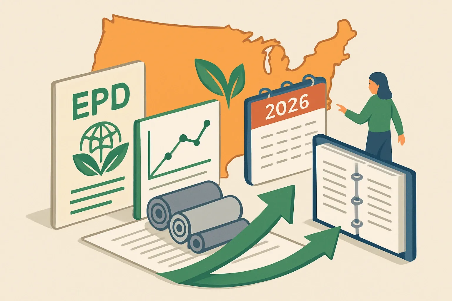 Generate an illustration for an article following this concept:

EPDs for Single-Ply TPO in the United States
The 2026 state of play for TPO roofing EPDs in the U.S. is surprisingly concentrated, fast‑moving, and very renewable‑date driven. If you make thermoplastic polyolefin single‑ply membranes, this guide shows who is publishing, which rulebooks they use, and when key declarations roll off the board so you can plan your own roadmap with confidence.

Ensure that you use no text, as this illustration will be used on international translations of the article..

Use an illustrative style (e.g. isometic) and don't generate in a photorealistic style.