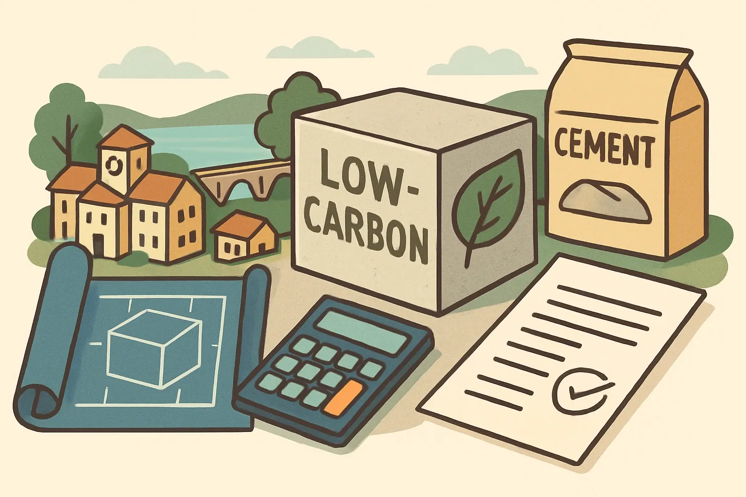 Generate an illustration for an article following this concept:

Hastings-on-Hudson Low-Carbon Concrete, Decoded
A small New York village just turned low-carbon concrete from a talking point into a scoring system. If you make concrete or cement, this is a blueprint for getting specified with less friction, using numbers you can prove and paperwork you can ship fast.

Ensure that you use no text, as this illustration will be used on international translations of the article..

Use an illustrative style (e.g. isometic) and don't generate in a photorealistic style.