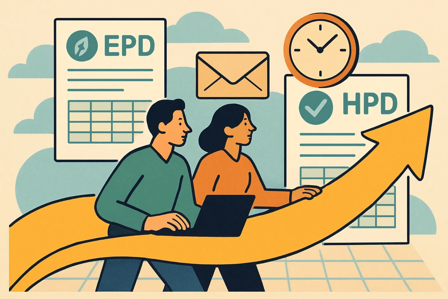 Generate an illustration for an article following this concept:

Keep EPD and HPD Projects Moving
EPD and HPD work rarely stalls on the math. It stalls when the two people who own the numbers are busy, out, or unsure what to send. A simple, disciplined playbook keeps momentum so bids do not slip and teams are not stuck refreshing inboxes.

Ensure that you use no text, as this illustration will be used on international translations of the article..

Use an illustrative style (e.g. isometic) and don't generate in a photorealistic style.