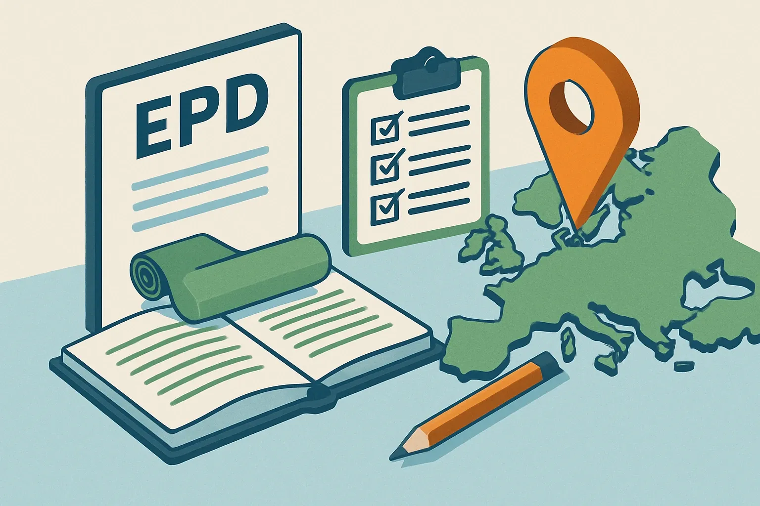 Generate an illustration for an article following this concept:

EPDs for Single‑Ply Polyurethane in Europe: A data guide
If you make single‑ply polyurethane membranes or PU roofing sheets in Europe, 2026 is your moment to get your EPD house in order. We mapped the public EPD landscape for this category so you can benchmark fast, pick the right PCR, and choose a program operator your specifiers already trust.

Ensure that you use no text, as this illustration will be used on international translations of the article..

Use an illustrative style (e.g. isometic) and don't generate in a photorealistic style.
