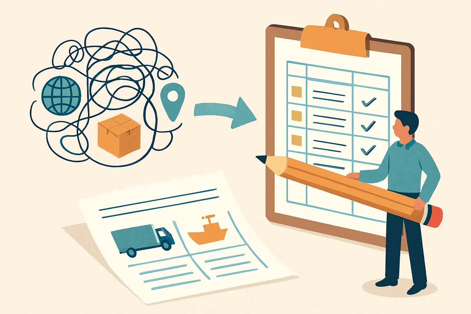 Generate an illustration for an article following this concept:

Taming messy supplier and logistics data for EPDs
ERP exports and shipping logs rarely map neatly to a single SKU. The good news is that LCA models do not require every truck stop or pallet scan. With the right structure, high‑level supplier locations, typical transport modes, and a few sensible allocations will produce credible, auditor‑ready EPDs without months of detective work.

Ensure that you use no text, as this illustration will be used on international translations of the article..

Use an illustrative style (e.g. isometic) and don't generate in a photorealistic style.