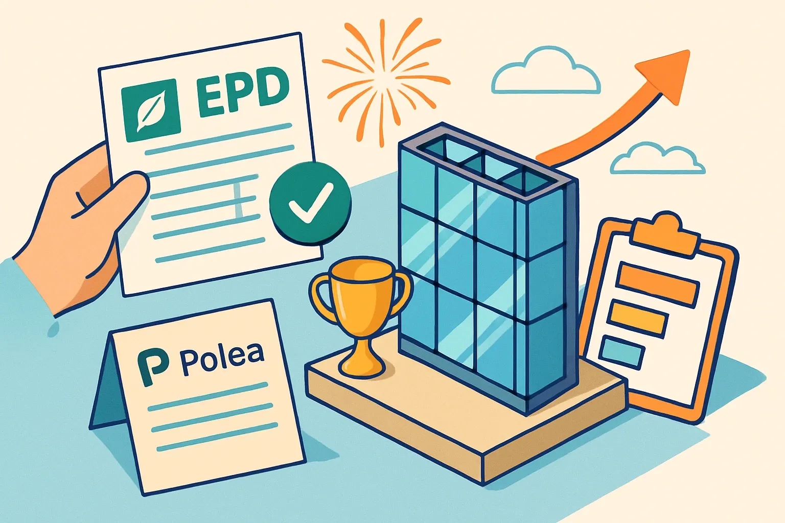 Generate an illustration for an article following this concept:

Congrats, Polea’s first EPDs hit the façade game
Polea just joined the transparency scoreboard. Their debut Environmental Product Declaration unlocks smoother submittals for façade packages where verified numbers decide shortlists. Here is what they published in January 2026, who verified it, and how the move stacks up against familiar cladding names in specs.

Ensure that you use no text, as this illustration will be used on international translations of the article..

Use an illustrative style (e.g. isometic) and don't generate in a photorealistic style.