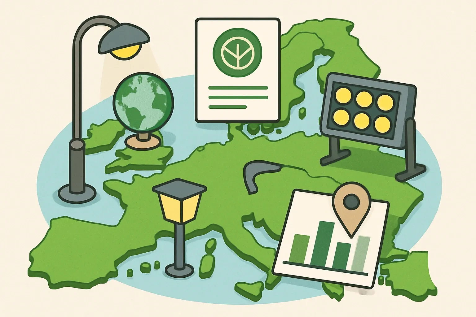 Generate an illustration for an article following this concept:

EPDs for Outdoor Lighting in Europe
The ultimate, data‑based guide for Outdoor Lighting manufacturers in Europe. This 2026 snapshot covers who is publishing, which program operators and PCRs dominate, what expires when, and where the competitive gaps are. If you sell street lighting, exterior luminaires or site lighting, this is your field map.

Ensure that you use no text, as this illustration will be used on international translations of the article..

Use an illustrative style (e.g. isometic) and don't generate in a photorealistic style.