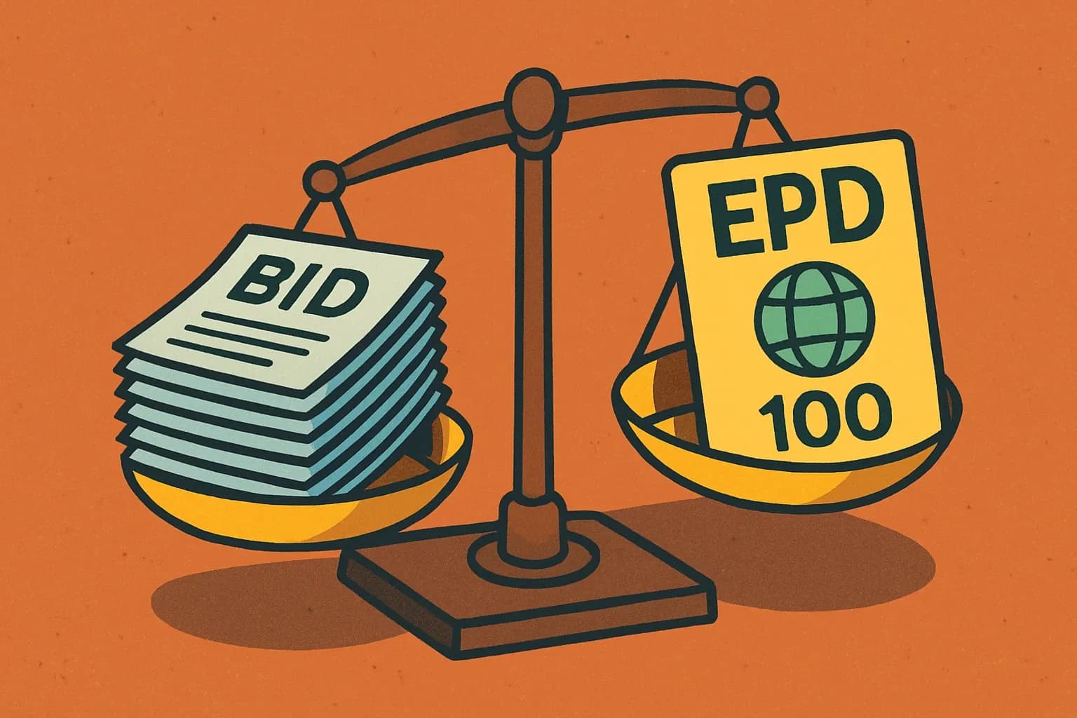A buyer’s scale weighing two sides: a stack of bid documents and a bright EPD card with a clear GWP number, showing the EPD tipping the scale toward selection.