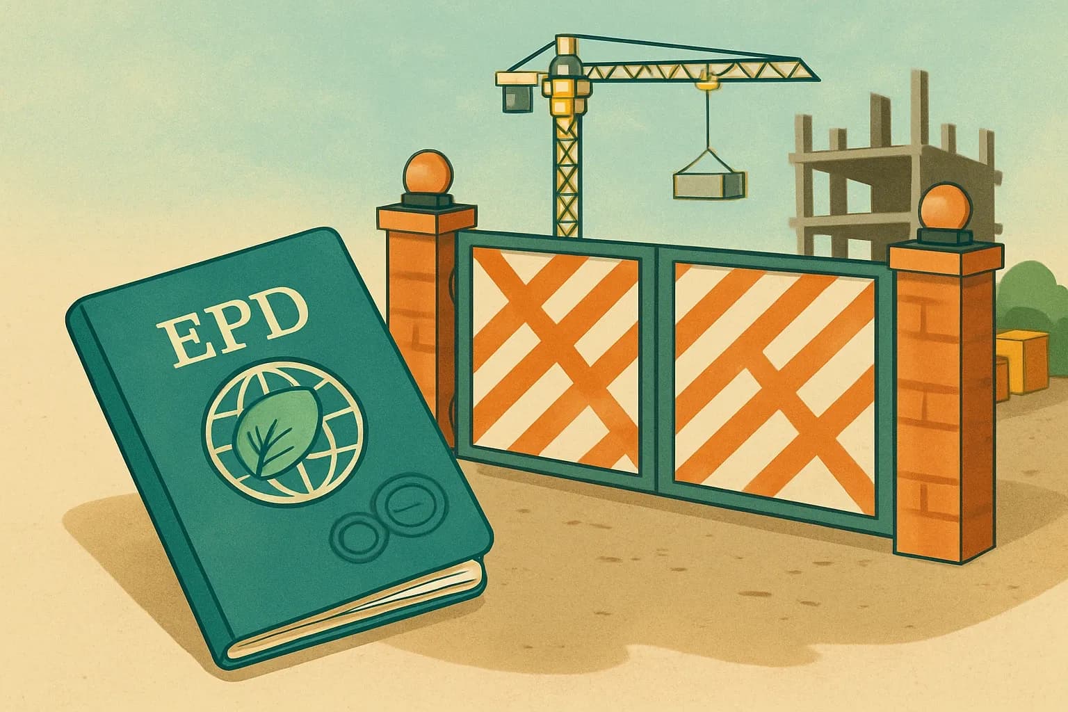 A stamped passport lying next to a construction site gate, symbolizing market entry only with proper documentation.