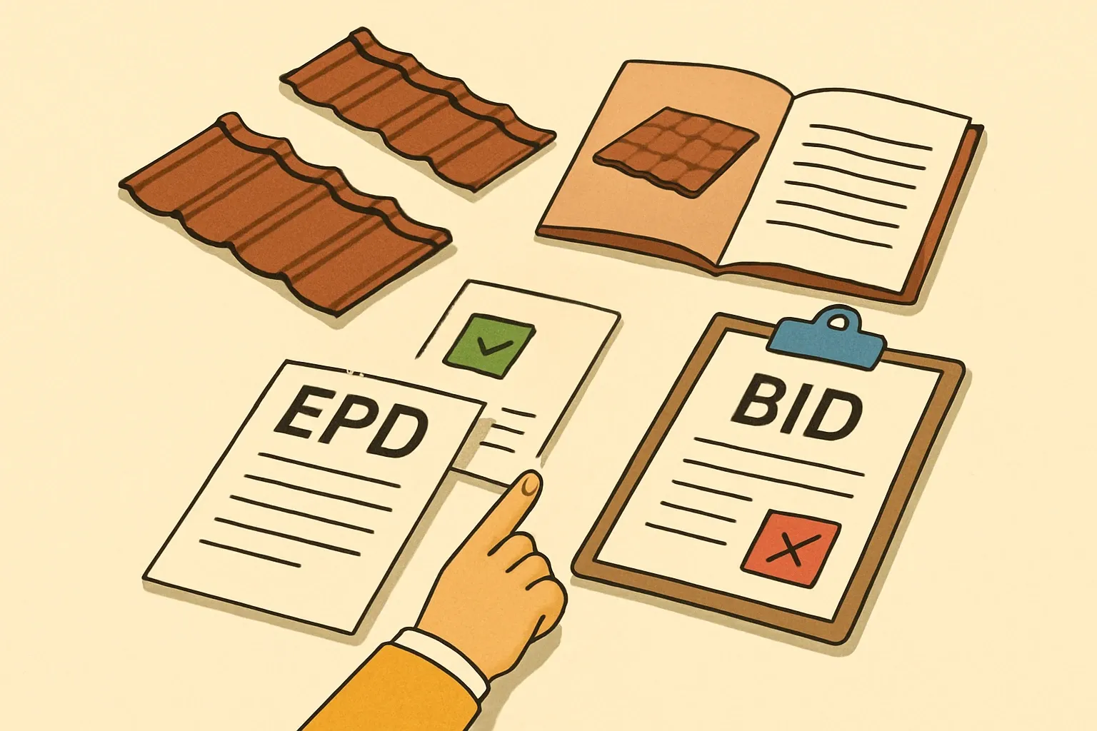 Generate an illustration for an article following this concept:

Gerard Roofs: product lineup and EPD coverage
Gerard is a classic stone‑coated steel brand with global reach and a tight, profile‑driven portfolio. If specifiers ask for EPDs, does the catalog keep up, or are competitors with published declarations edging into bids first?

Ensure that you use no text, as this illustration will be used on international translations of the article..

Use an illustrative style (e.g. isometic) and don't generate in a photorealistic style.
