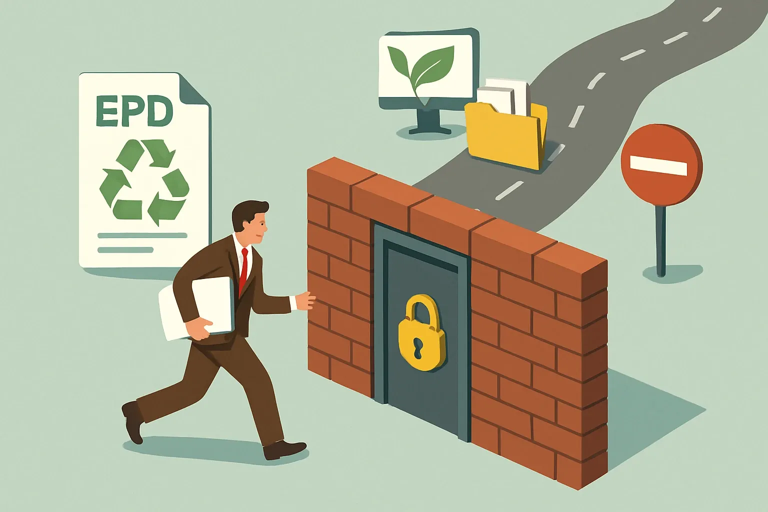 Generate an illustration for an article following this concept:

Switching EPD providers: reuse rights and roadblocks
Arriving with an older LCA or EPD and a consultant who will not hand over files is frustrating. The good news is that much of the underlying work often can be reused if you actually own it and if today’s rules still fit. Here is a plain‑English map of what you can carry forward, when you should plan a fresh model, and how to move past a locked door without losing months.

Ensure that you use no text, as this illustration will be used on international translations of the article..

Use an illustrative style (e.g. isometic) and don't generate in a photorealistic style.