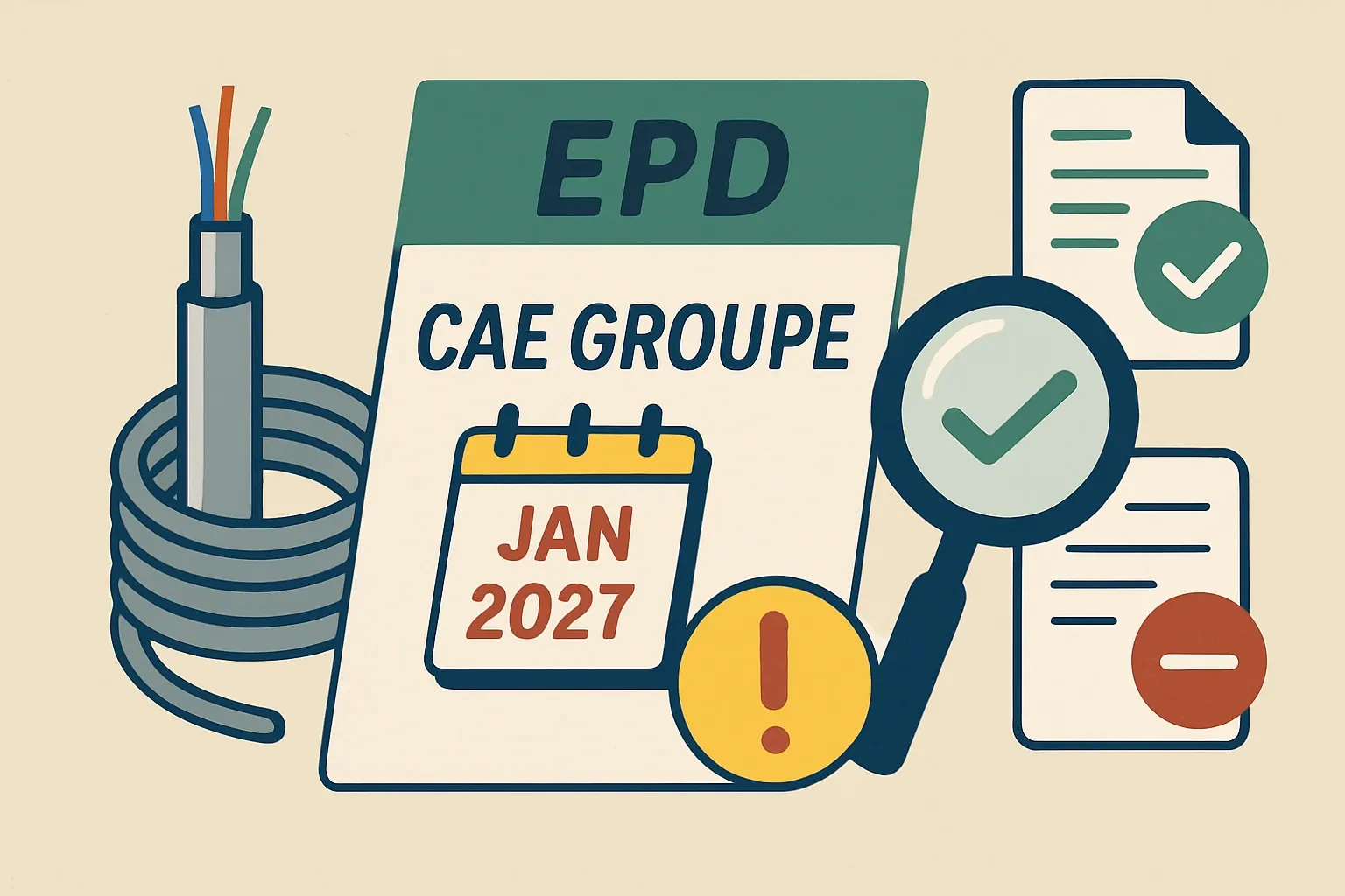 Generate an illustration for an article following this concept:

CAE GROUPE: one PEP expiring January 2027
Eight months is a blink in EPD time. CAE GROUPE has one Profile Environnemental Produit covering “Câbles téléphoniques” set to expire in January 2027. If a renewal is not in market by year end, projects that require current declarations may pivot to competitors with active cable EPDs. Below we name the expiring document, check for replacements, and flag credible alternatives so sales teams do not feel that last‑minute scramble.

Ensure that you use no text, as this illustration will be used on international translations of the article..

Use an illustrative style (e.g. isometic) and don't generate in a photorealistic style.