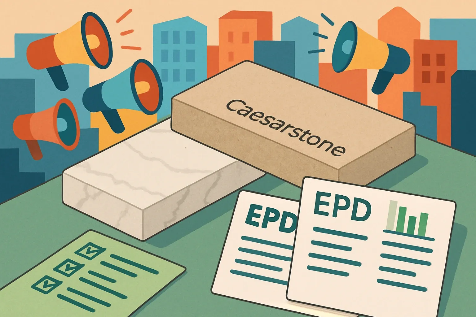 Generate an illustration for an article following this concept:

Caesarstone surfaces and their EPD coverage, briefly
Caesarstone sits in a noisy, spec-driven market where countertops and wall slabs compete head to head on design, durability, and documentation. EPDs are the ticket onto shortlists for LEED‑v5‑aiming projects. Here is how their current portfolio and environmental disclosures stack up, and where fast action could unlock more wins.

Ensure that you use no text, as this illustration will be used on international translations of the article..

Use an illustrative style (e.g. isometic) and don't generate in a photorealistic style.