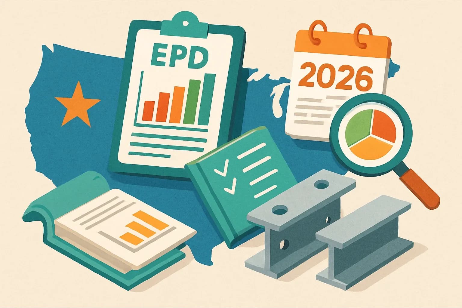 Generate an illustration for an article following this concept:

EPDs for Misc. Metal Fabrications in the United States
Planning a 2026 push into specs for steel accessories, connectors, and fabricated metal assemblies? Here is the definitive, numbers‑first snapshot of the U.S. “miscellaneous metals” EPD landscape so you can pick the right rulebook, program operator, and timing. We analyze who is publishing, which PCRs dominate, where expiries cluster, and how service providers factor into speed and quality.

Ensure that you use no text, as this illustration will be used on international translations of the article..

Use an illustrative style (e.g. isometic) and don't generate in a photorealistic style.