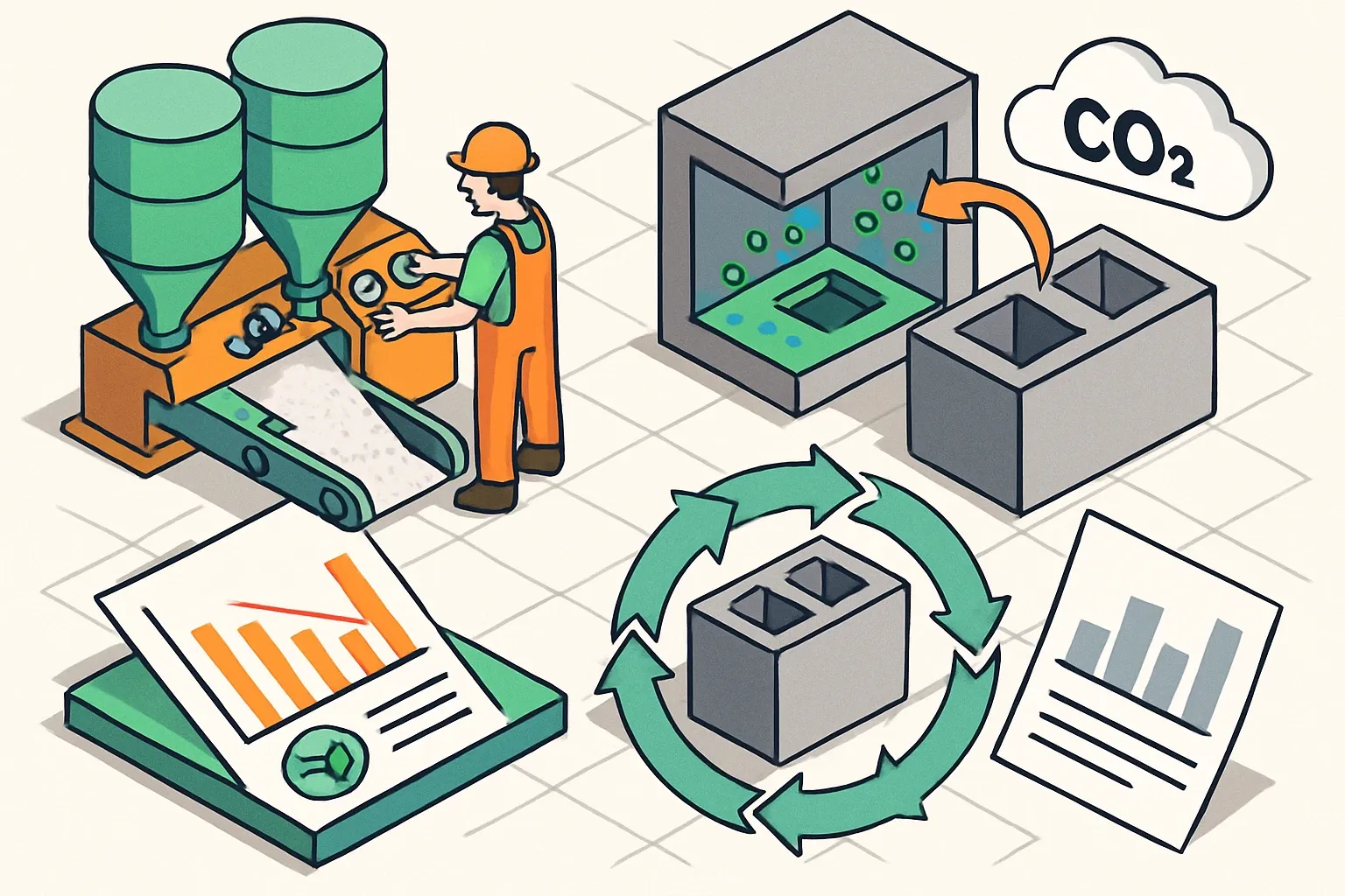 Generate an illustration for an article following this concept:

Blended cements, low‑carbon CMU, and the new PCR math
Cement chemistry and PCR rules are shifting under our feet. Blended binders cut clinker. CO2‑curing in CMU locks carbon away. New PCR language counts carbonation in more life‑cycle stages. If specs in your region now ask for mix‑level GWPs, the smartest move may be to revisit EPDs early so they show your real advantage, not your 2021 status quo.

Ensure that you use no text, as this illustration will be used on international translations of the article..

Use an illustrative style (e.g. isometic) and don't generate in a photorealistic style.