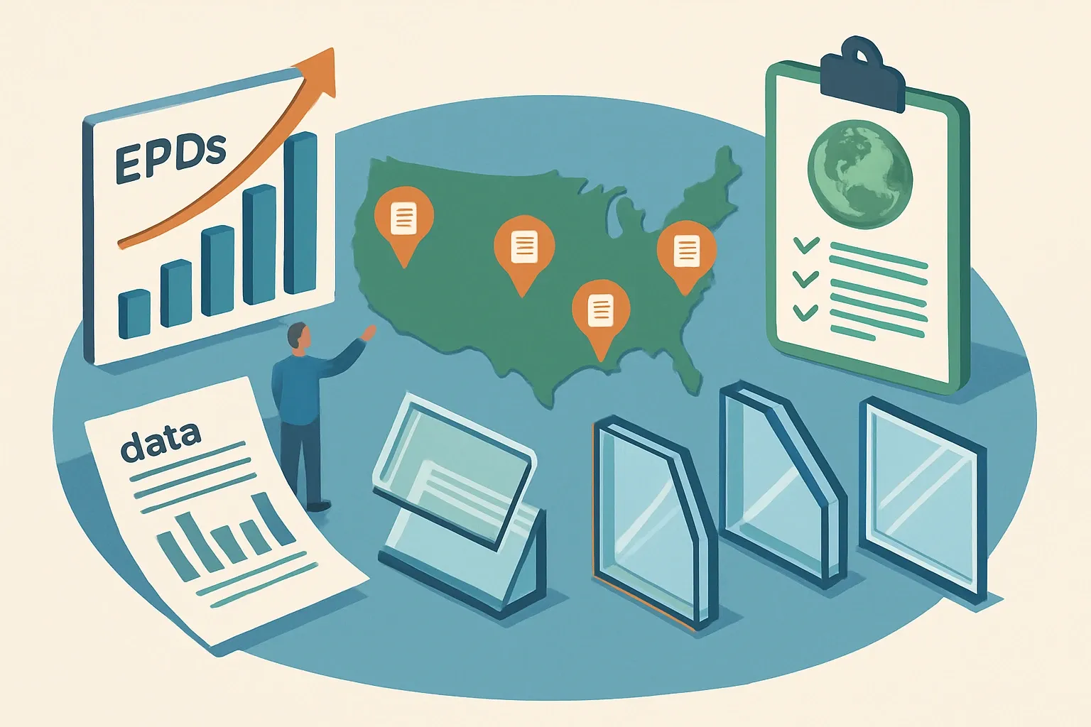 Generate an illustration for an article following this concept:

EPDs for Insulating Glazing Units in the U.S.
Planning an IGU EPD in 2026? Here is the complete data picture for the United States, translated for manufacturers. We cover who is publishing, which program operators dominate, the PCRs competitors pick, and when renewals will pinch. If you call them insulating glazing units, insulated glass units, IGUs, dual‑pane, triple‑pane, or “double glazing,” this guide has you covered.

Ensure that you use no text, as this illustration will be used on international translations of the article..

Use an illustrative style (e.g. isometic) and don't generate in a photorealistic style.