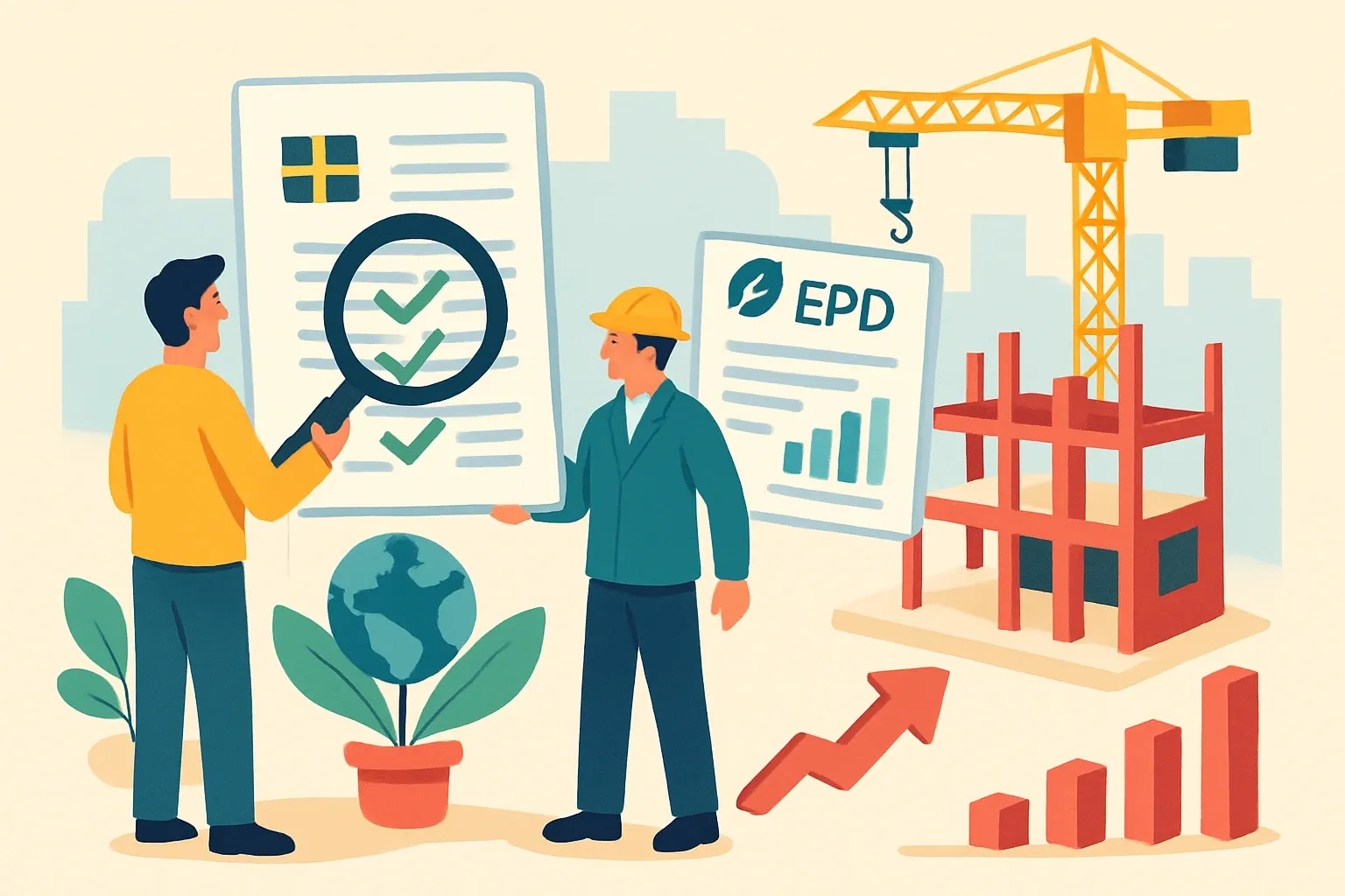 Generate an illustration for an article following this concept:

Sweden’s climate declaration for constructing buildings, decoded
Selling into Sweden or supplying a Nordic project and hearing “climate declaration” at kickoff? Here is what actually gets checked, where EPDs help, and how to avoid hidden penalties that quietly inflate your product’s footprint in bids.

Ensure that you use no text, as this illustration will be used on international translations of the article..

Use an illustrative style (e.g. isometic) and don't generate in a photorealistic style.