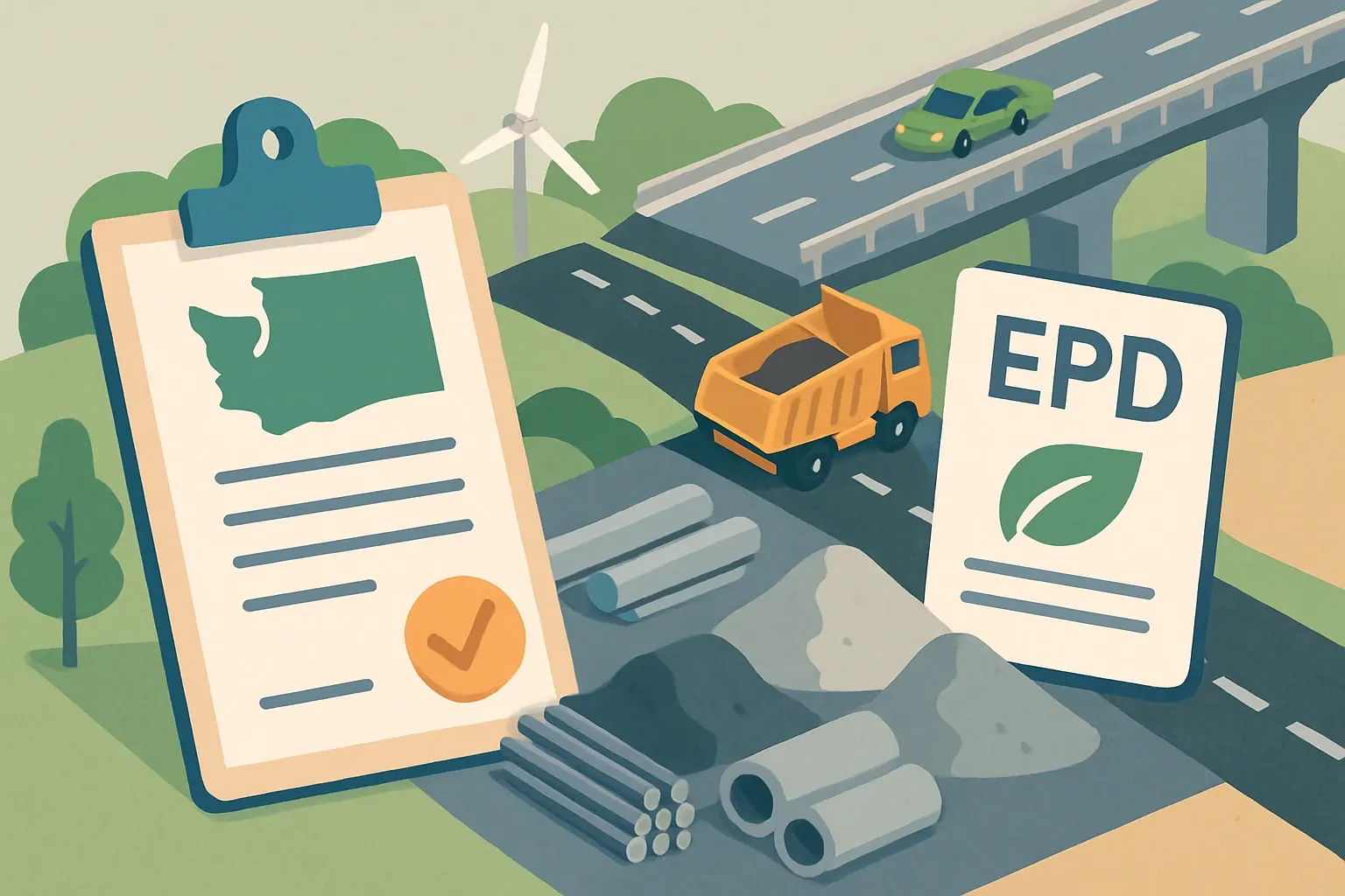 Generate an illustration for an article following this concept:

Washington SB 6005: What it means for EPDs
Washington’s 2026 supplemental transportation budget, SB 6005, quietly put real money behind low‑carbon materials for roads and bridges. If you make concrete, asphalt, steel, cement, or rebar, this signals a procurement shift toward documented, lower‑embodied‑carbon options. Teams with facility‑specific EPDs and clean data flows will move faster in bids, avoid last‑minute scrambles, and win specs where proof beats promises.

Ensure that you use no text, as this illustration will be used on international translations of the article..

Use an illustrative style (e.g. isometic) and don't generate in a photorealistic style.