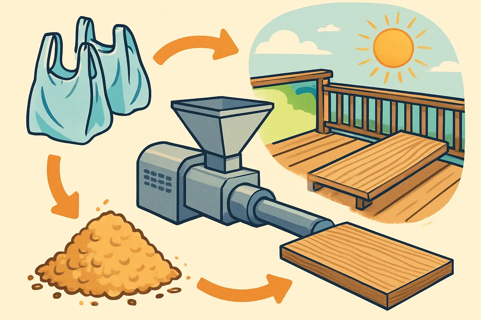 Infographic path showing grocery bags and sawdust feeding an extruder that outputs a finished deck board resting on a sunny balcony.