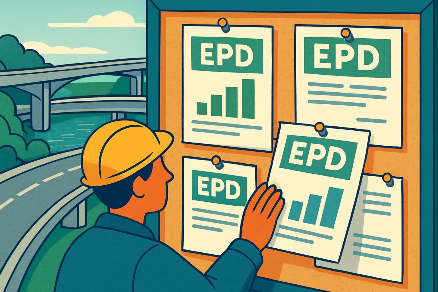 Generate an illustration for an article following this concept:

Bravo, Mekina: first EPDs on the board
A fresh entrant just made transparency tangible. Mekina’s first Environmental Product Declaration(s) are live, putting its GRP permanent formwork panels in clear view for bridge and infrastructure specs. Issued in November 2025 and verified by EPD Hub, this move turns carbon questions into answers and keeps the conversation about performance, cost, and program goals where it belongs.

Ensure that you use no text, as this illustration will be used on international translations of the article..

Use an illustrative style (e.g. isometic) and don't generate in a photorealistic style.