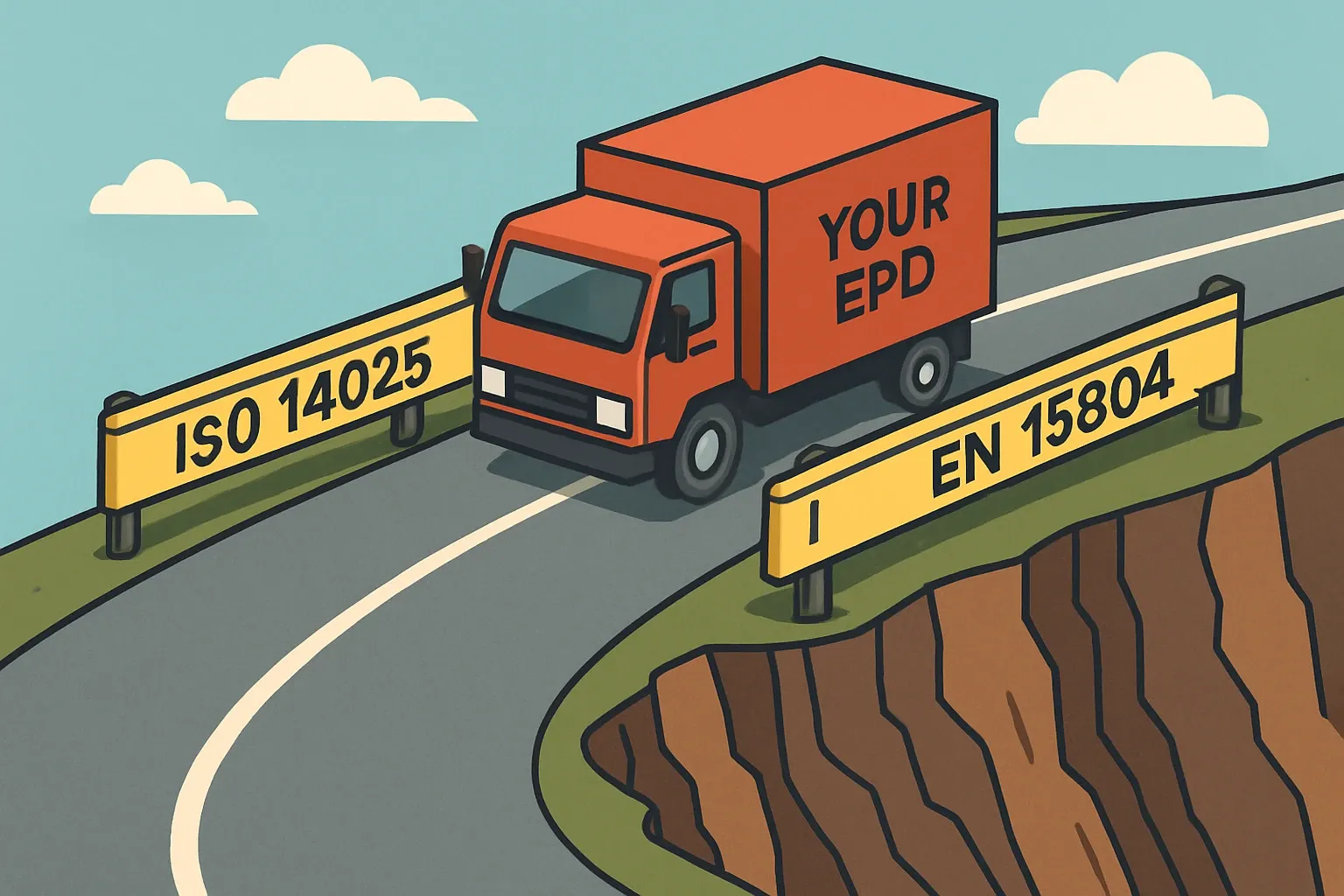 Road with two solid guardrails marked ISO 14025 and EN 15804 protecting a truck labeled "Your EPD" from falling off a cliff.