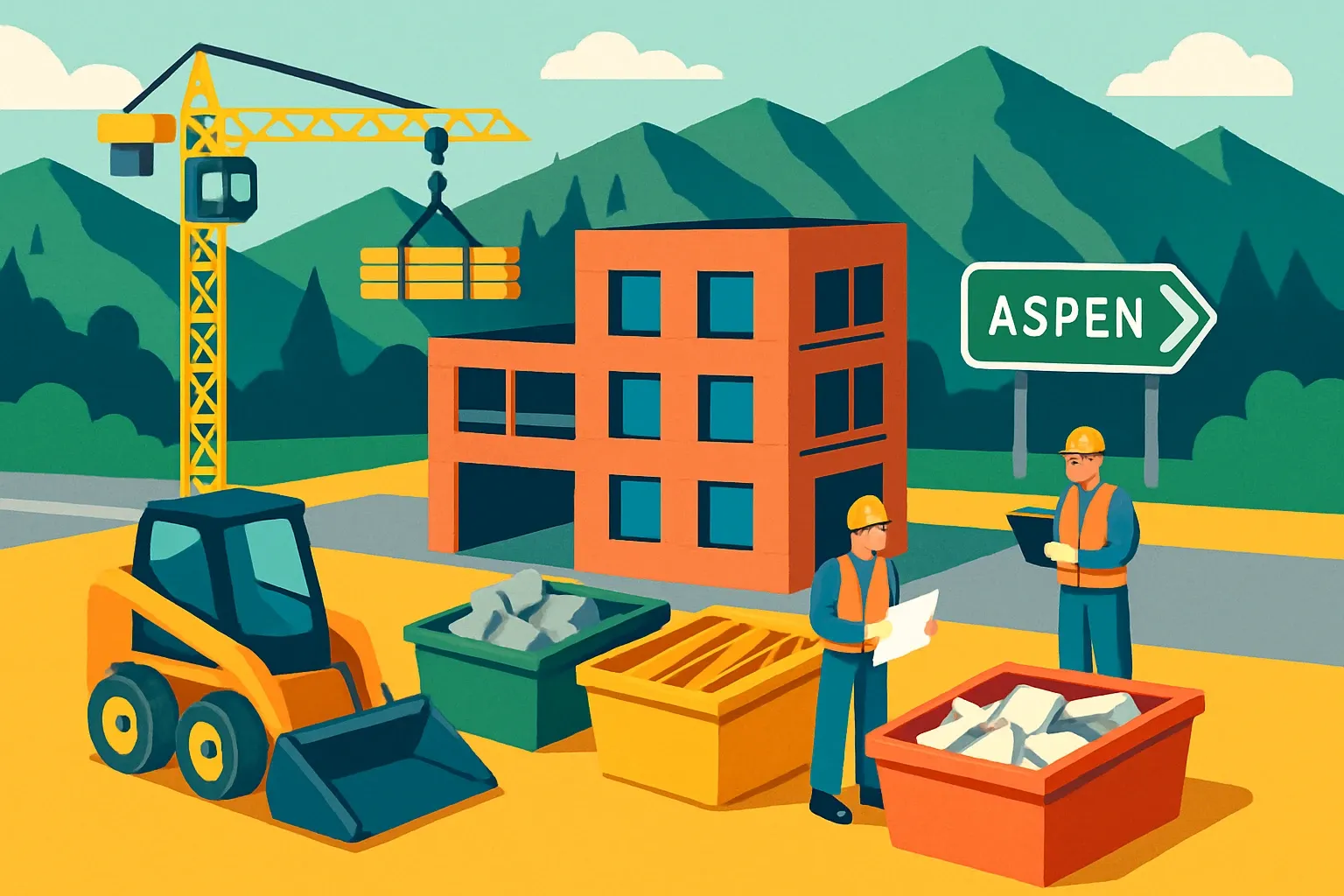 Generate an illustration for an article following this concept:

Aspen’s C&D Diversion Rule, What Manufacturers Need
Aspen, Colorado now requires large projects to separate recoverable construction and demolition materials and hit minimum diversion targets. That changes jobsite logistics and the spec math. If your product is easy to sort, recycle, or reuse, and your documentation is airtight, your odds of being chosen rise fast.

Ensure that you use no text, as this illustration will be used on international translations of the article..

Use an illustrative style (e.g. isometic) and don't generate in a photorealistic style.