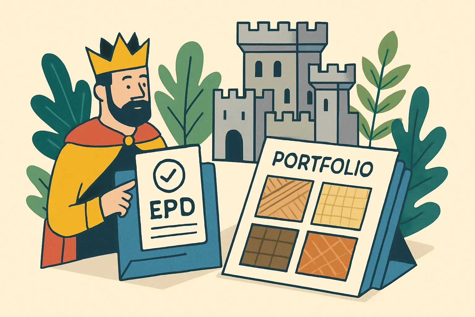 Generate an illustration for an article following this concept:

Kingdom Flooring: Portfolio and EPD Coverage
Specifiers increasingly shortlist resilient floors that come with credible, product‑specific EPDs, because those documents speed up LEED materials credits and de‑risk carbon accounting. Where does Kingdom Flooring stand today, and how quickly could its catalog become fully “spec‑ready” for teams working to LEED v5 timelines (USGBC, 2025)?

Ensure that you use no text, as this illustration will be used on international translations of the article..

Use an illustrative style (e.g. isometic) and don't generate in a photorealistic style.