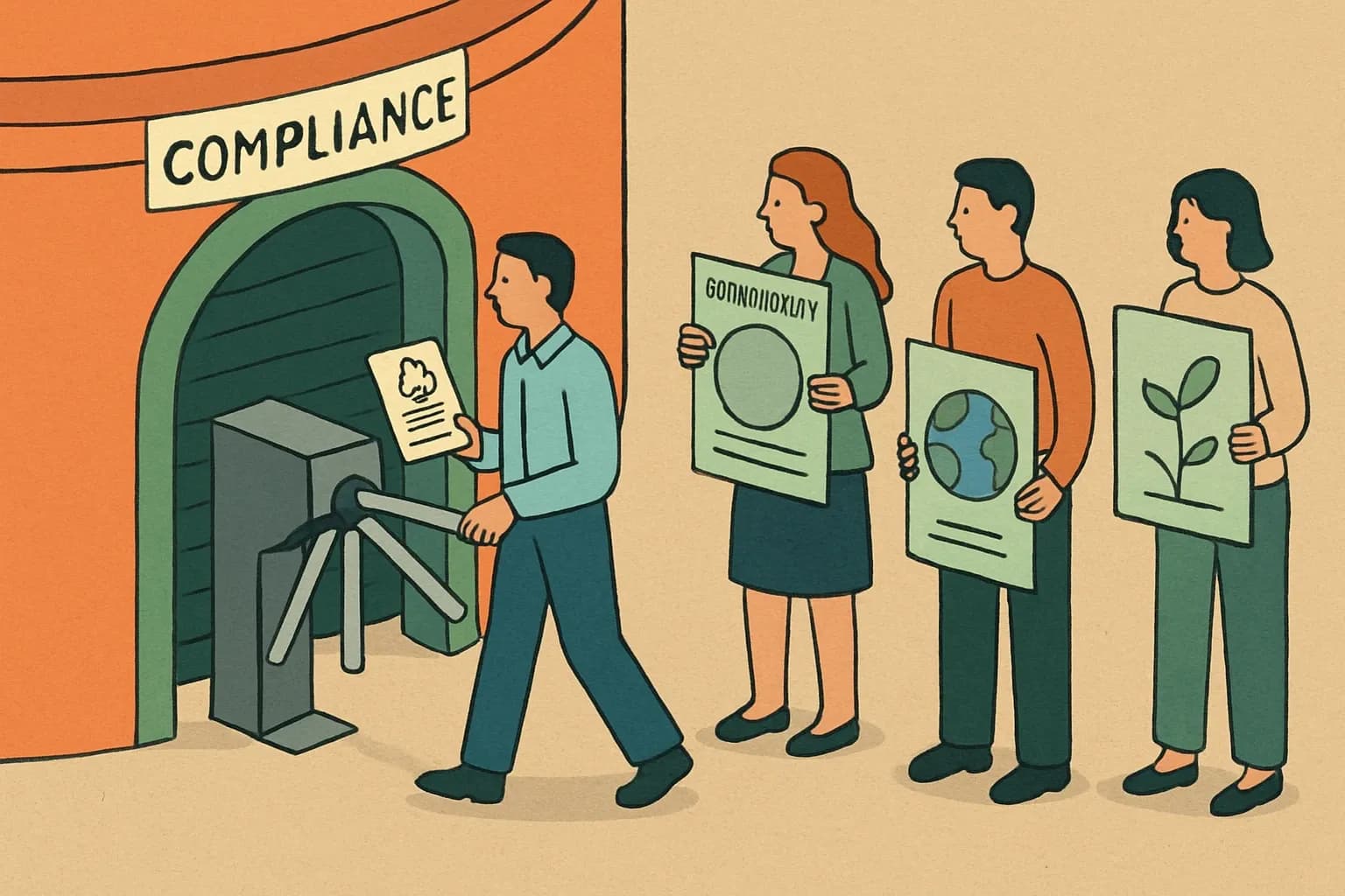 A stadium turnstile labeled “RFP” that only opens for people carrying EPD documents, while others holding vague sustainability posters wait outside.