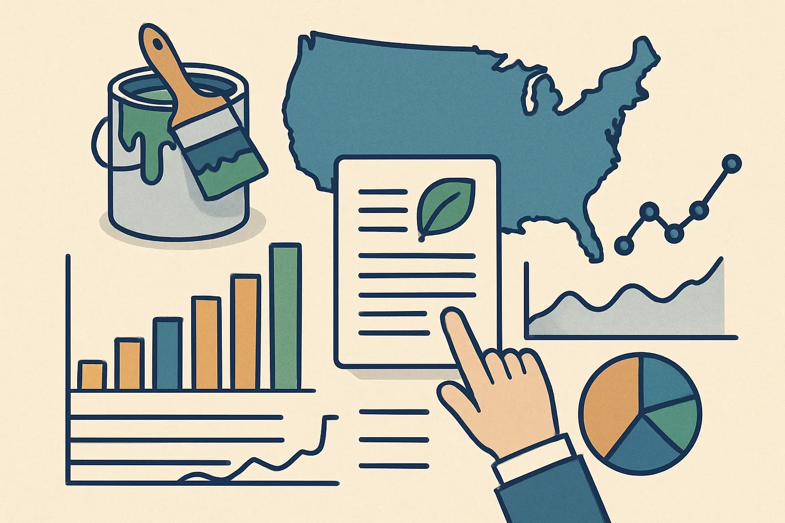 Generate an illustration for an article following this concept:

Paint EPDs in the United States: the data-based guide
What does the US paint and architectural coatings EPD landscape look like in 2026? We analyzed every current declaration from the past five years in the public registry most specifiers consult. The result is a clear picture of who is publishing, which program operators they choose, and when renewals will land.

Ensure that you use no text, as this illustration will be used on international translations of the article..

Use an illustrative style (e.g. isometic) and don't generate in a photorealistic style.