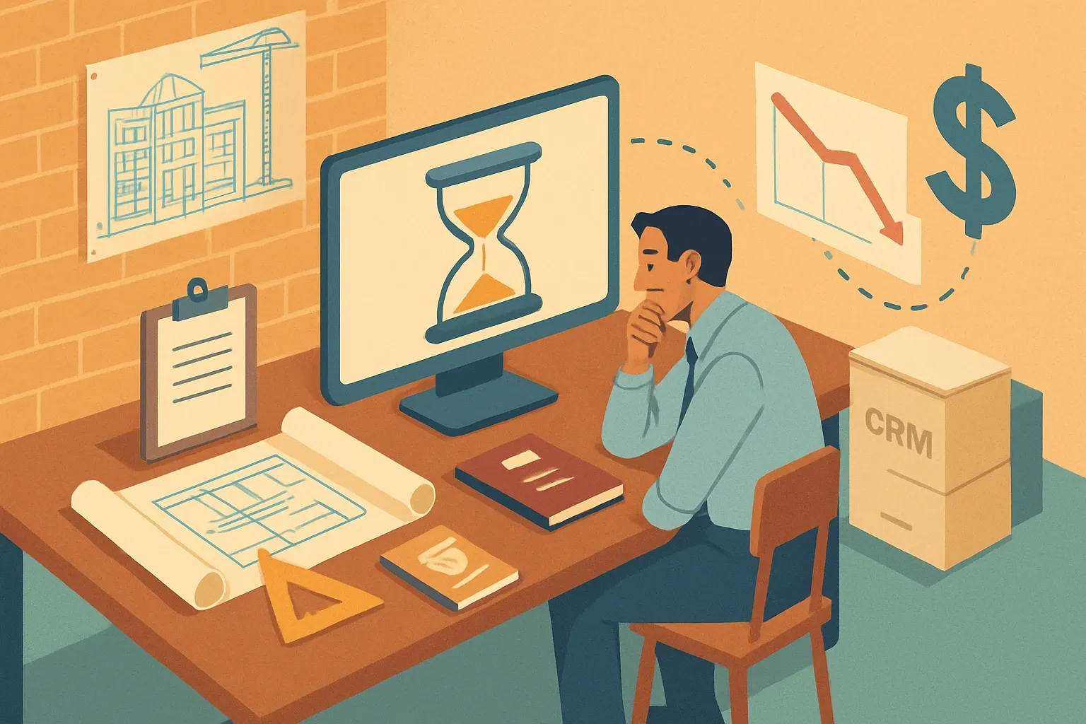 Generate an illustration for an article following this concept:

The Hidden Commercial Cost of Slow Architect Answers
Architects move at bid speed. When answers to specification, EPD, or HPD questions arrive late, momentum stalls, the product gets swapped, and the revenue vanishes quietly. The kicker is that the CRM rarely flags the real cause. It logs a lost or abandoned opportunity, not the fact that the reply landed after the decision window closed. This is preventable leakage, and it is bigger than it looks.

Ensure that you use no text, as this illustration will be used on international translations of the article..

Use an illustrative style (e.g. isometic) and don't generate in a photorealistic style.