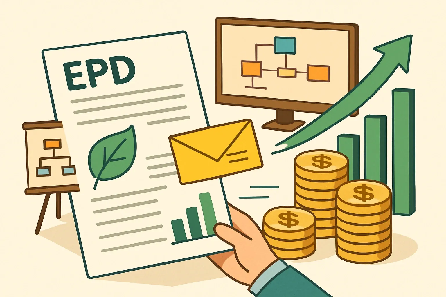 Generate an illustration for an article following this concept:

Turn Renewed EPDs Into Revenue
You just finished a big EPD renewal cycle. The PDFs are polished, the portfolio is current, and then the momentum stalls. This is the moment to flip from compliance to commercial orchestration. Tie those declarations to pipeline visibility, RFP monitoring, and sales operatons so environmental data actually pulls its weight in bids, pricing, and forecasts.

Ensure that you use no text, as this illustration will be used on international translations of the article..

Use an illustrative style (e.g. isometic) and don't generate in a photorealistic style.