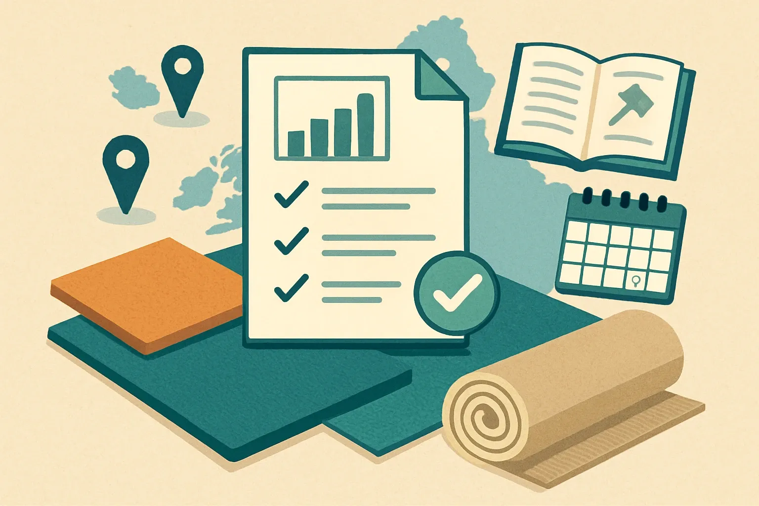 Generate an illustration for an article following this concept:

EPDs for Carpet and Carpet Tile in Europe
Here is the definitive, data‑based picture of carpet, carpet tile, and broadloom EPDs in Europe for 2026. If you manufacture tufted or woven carpet, modular carpet tiles, or synthetic carpet yarns, this guide shows who is publishing, which rulebooks they follow, and when renewals hit so you can plan with confidence.

Ensure that you use no text, as this illustration will be used on international translations of the article..

Use an illustrative style (e.g. isometic) and don't generate in a photorealistic style.