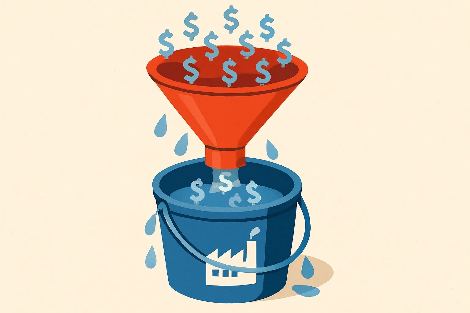 Visual of EPA funds flowing into a manufacturer’s cost bucket, with some leakage to show partial coverage.