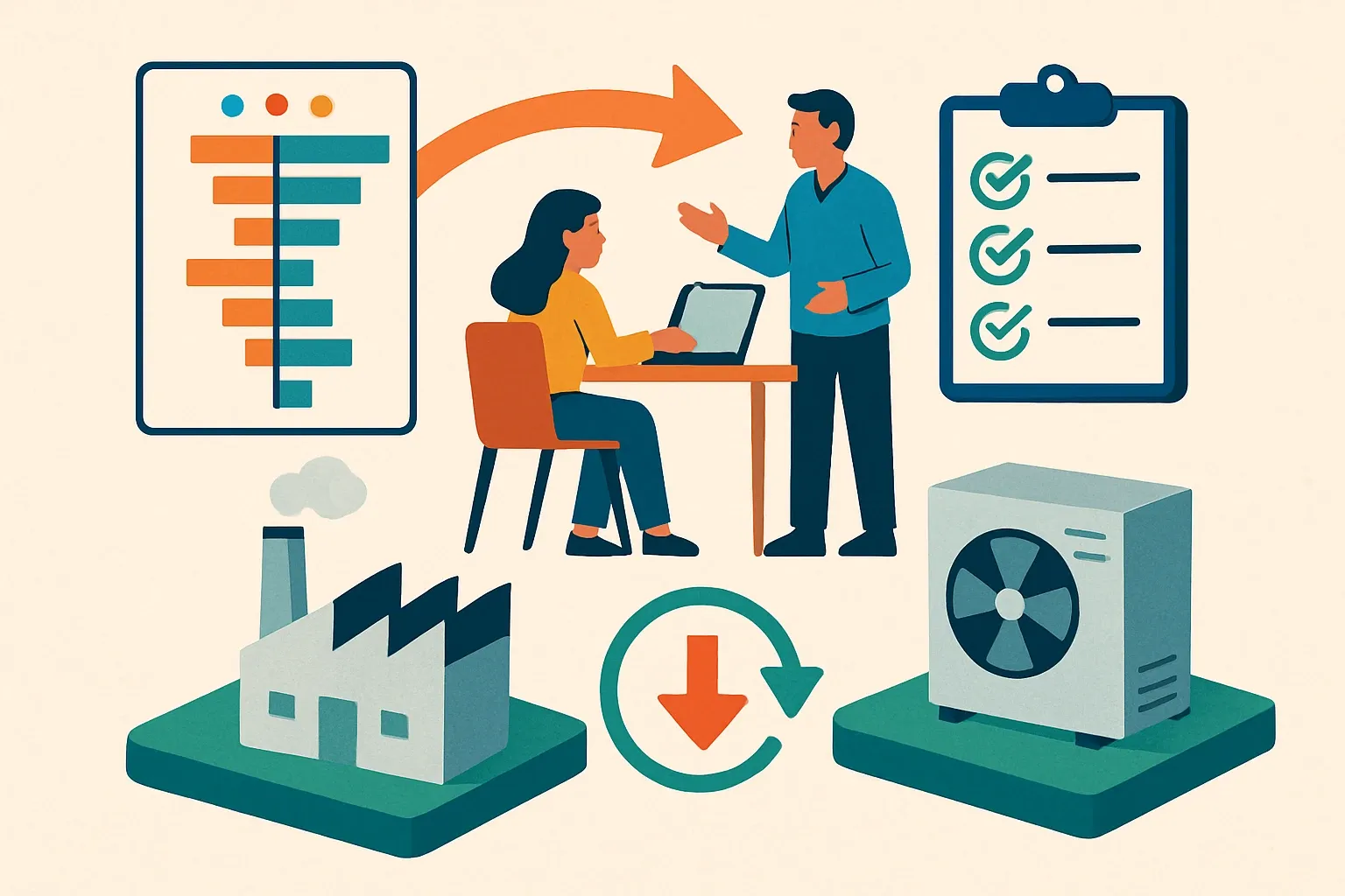 Generate an illustration for an article following this concept:

From Sensitivity to Real Hotspot Decisions
Most LCA reports drop a tornado chart on the last pages and call it a day. Teams then ask the real question: so what do we actually change at the plant or in the product next quarter. This post translates hotspot and sensitivity outputs into practical moves that cut GWP and help win specs, without turning every idea into a six week side quest.

Ensure that you use no text, as this illustration will be used on international translations of the article..

Use an illustrative style (e.g. isometic) and don't generate in a photorealistic style.