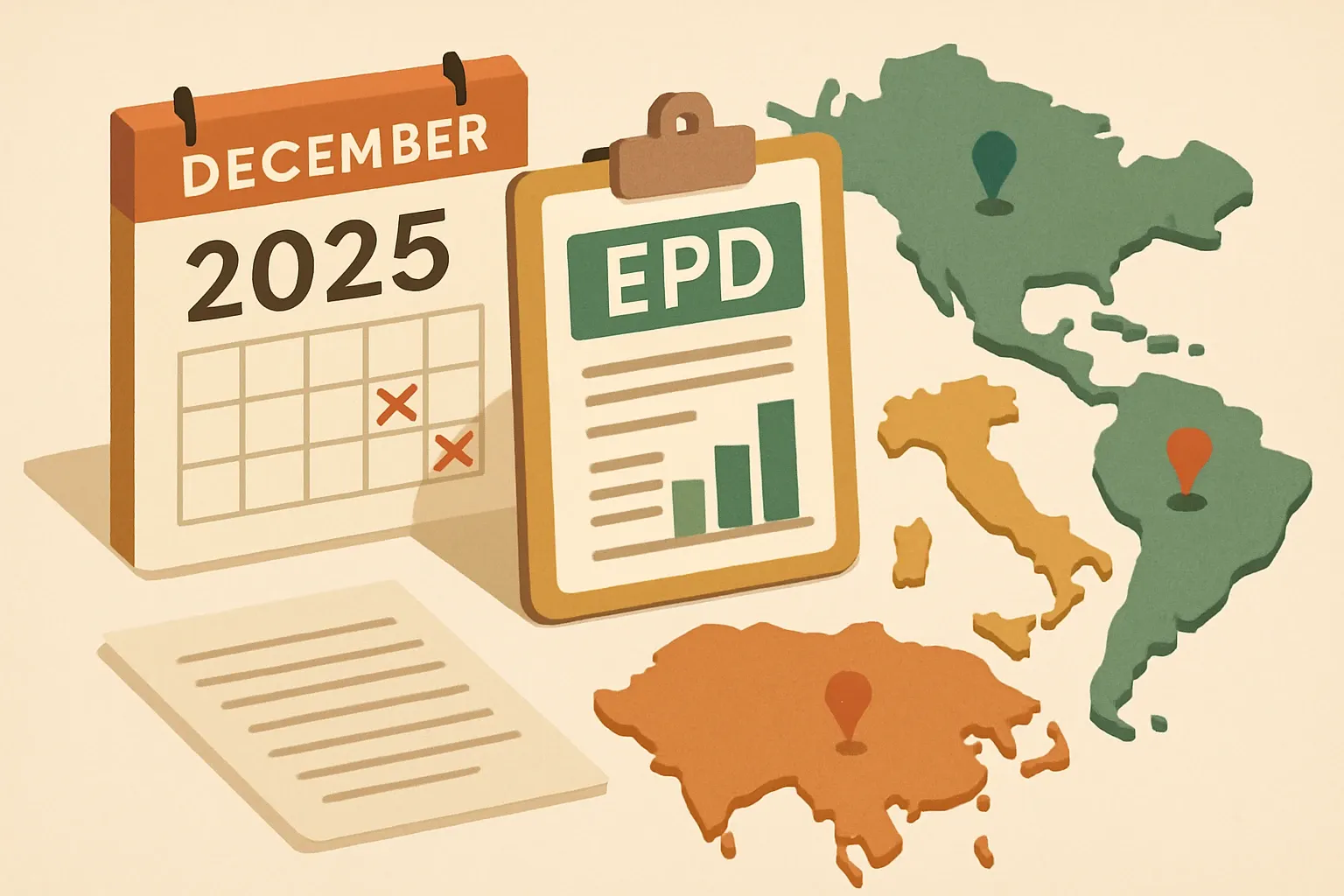 Generate an illustration for an article following this concept:

December 2025 EPD News by Region
Deadlines, rulebook tweaks, and rating upgrades made December a busy month for product data. If you sell into markets that score whole‑life carbon, these moves either boost the value of a product‑specific EPD or make it the only practical ticket to play.

Ensure that you use no text, as this illustration will be used on international translations of the article..

Use an illustrative style (e.g. isometic) and don't generate in a photorealistic style.