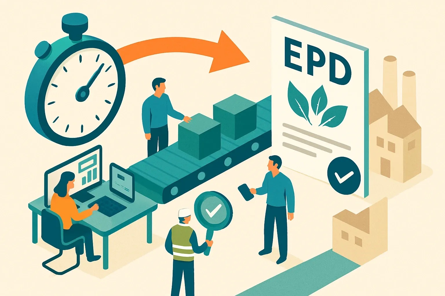 Generate an illustration for an article following this concept:

How to Get an EPD Fast
Need an Environmental Product Declaration in weeks, not quarters? Speed is possible without risking credibility if you cut the right complexity, lock decisions early, and run data collection like a factory line. Here is a practical playbook to move from intent to a publishable, third‑party verified EPD quickly, with zero drama.

Ensure that you use no text, as this illustration will be used on international translations of the article..

Use an illustrative style (e.g. isometic) and don't generate in a photorealistic style.