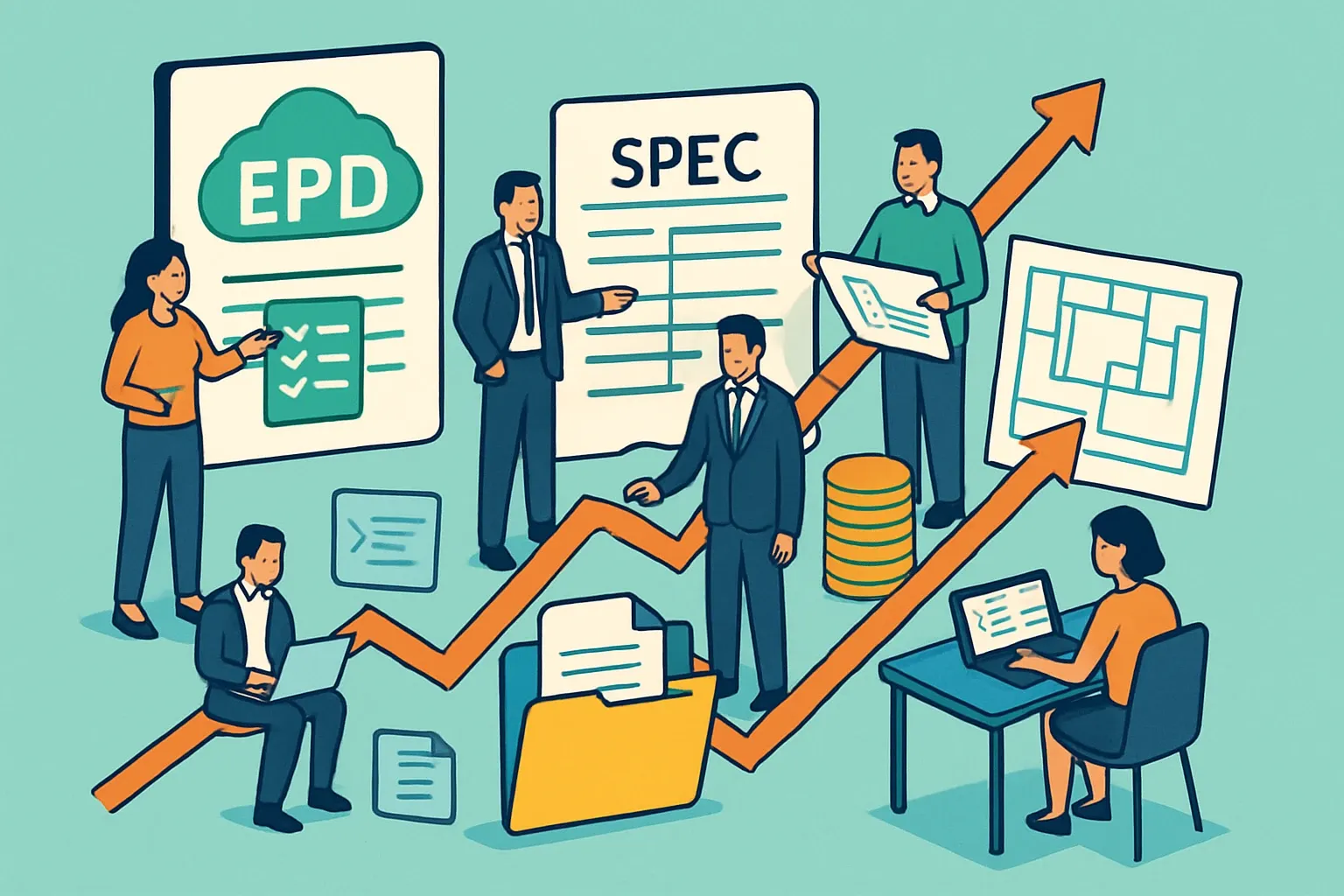 Generate an illustration for an article following this concept:

EPDs To Spec Wins With Basis-of-Design
Most teams treat EPDs like a compliance checkbox, then hope specs magically follow. The smarter play links environmental data to Basis-of-Design (BOD) visibility and to the only metric that matters in commercial terms: how often a BOD spec becomes an installed win. This post turns EPD work into a revenue engine by tracking spec-to-win conversion and wiring EPD-backed SKUs into bids, RFQs, and project databases.

Ensure that you use no text, as this illustration will be used on international translations of the article..

Use an illustrative style (e.g. isometic) and don't generate in a photorealistic style.