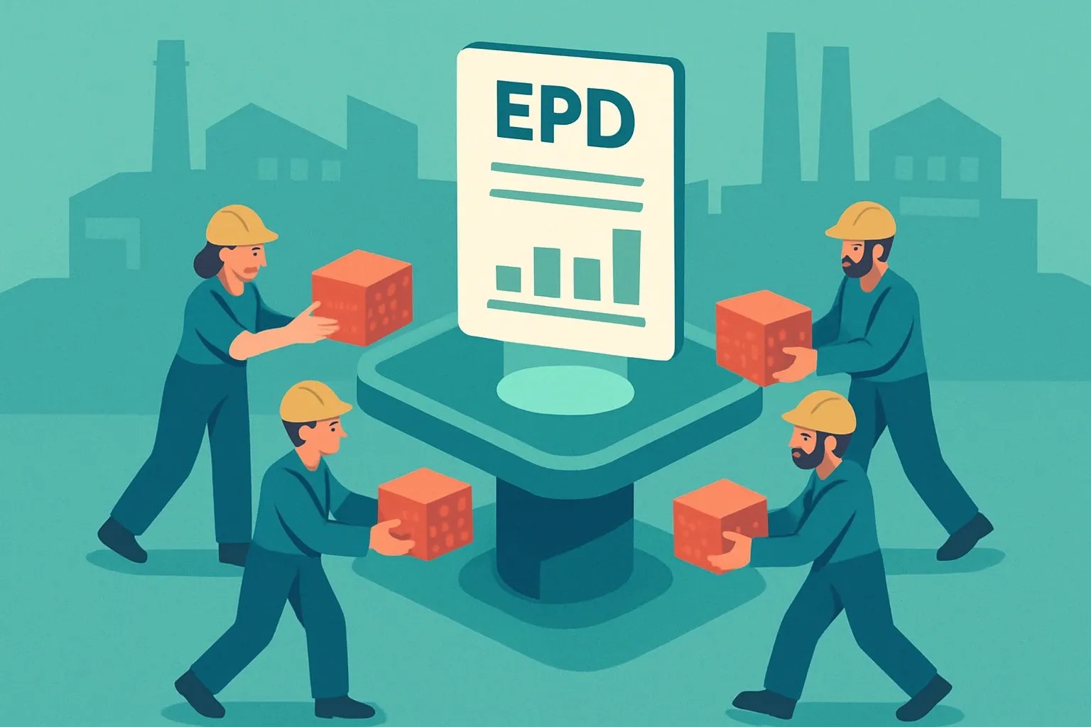Factory workers handing digital data bricks to a central platform that turns them into an EPD document.