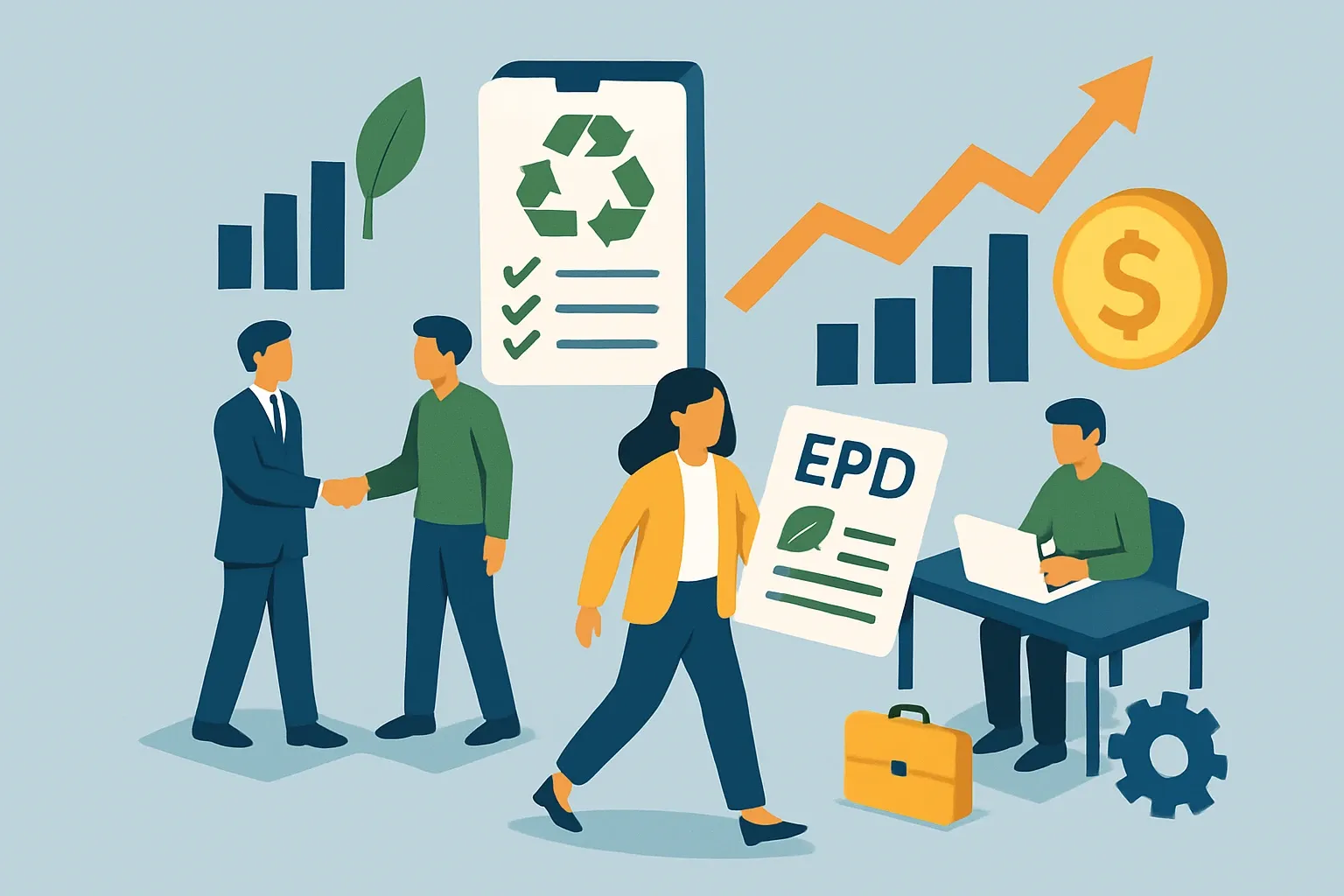 Generate an illustration for an article following this concept:

Maximize Efficiency With EPDs For Real Business Wins
Slow EPD projects stall bids and drain your best people. An efficient EPD strategy does the opposite. It speeds submittals, protects margins, and helps products stay in the spec when carbon rules tighten. Here is a playbook that turns an Environmental Product Declaration from compliance overhead into a repeatable growth lever.

Ensure that you use no text, as this illustration will be used on international translations of the article..

Use an illustrative style (e.g. isometic) and don't generate in a photorealistic style.