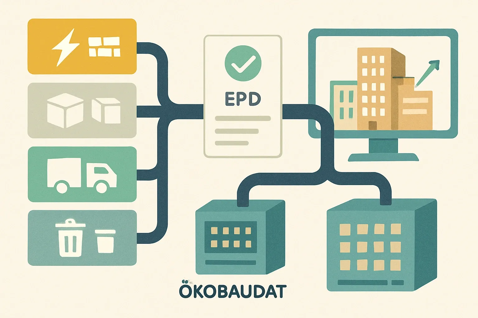 A clean pipeline graphic showing data boxes for energy, materials, packaging, transport and waste flowing into a verified EPD, then into the ÖKOBAUDAT database and finally into a stylized building LCA dashboard.