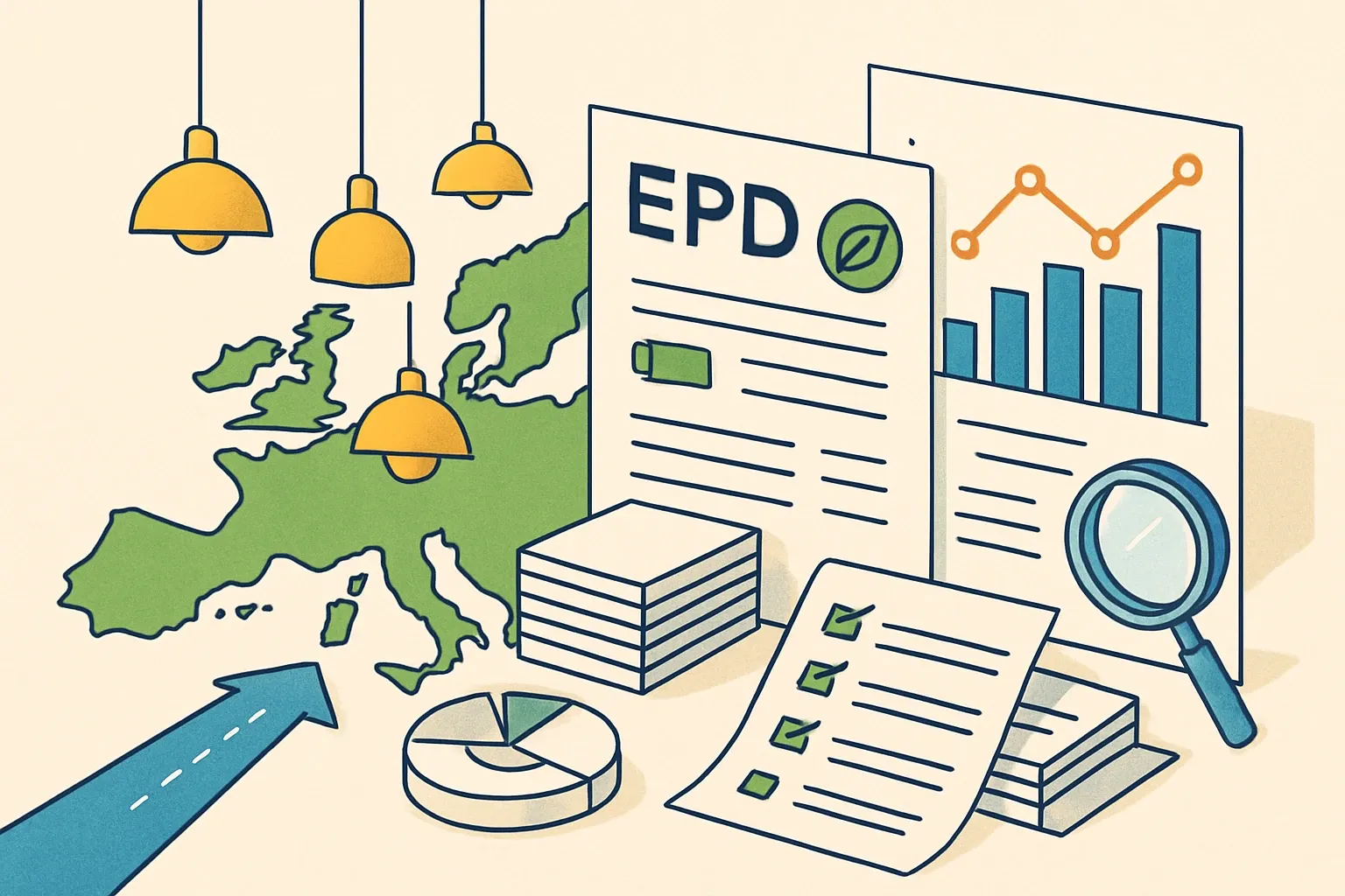 Generate an illustration for an article following this concept:

Lighting Fixture EPDs in Europe: The Data Guide
If you make luminaires, light fittings, or lighting systems and want to be specification‑ready in 2026, this guide is your fast track. We analyzed the public registry architects rely on and mapped who is publishing, which program operators they use, the PCRs that dominate, and when renewals will hit. Use it to benchmark your portfolio and plan your next EPD release with confidence.

Ensure that you use no text, as this illustration will be used on international translations of the article..

Use an illustrative style (e.g. isometic) and don't generate in a photorealistic style.