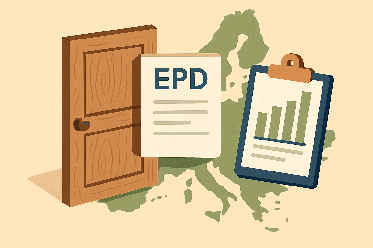 Generate an illustration for an article following this concept:

EPDs for Wood Doors in Europe: The Data‑Based Guide
If you make timber doors, wooden interior doors, or door sets, this is the market snapshot you need for 2026. We pulled the most recent public registry data to show who is publishing, which program operators are used, and how PCR choices are shifting. Use this to plan renewals, time new declarations, and benchmark against competitors.

Ensure that you use no text, as this illustration will be used on international translations of the article..

Use an illustrative style (e.g. isometic) and don't generate in a photorealistic style.