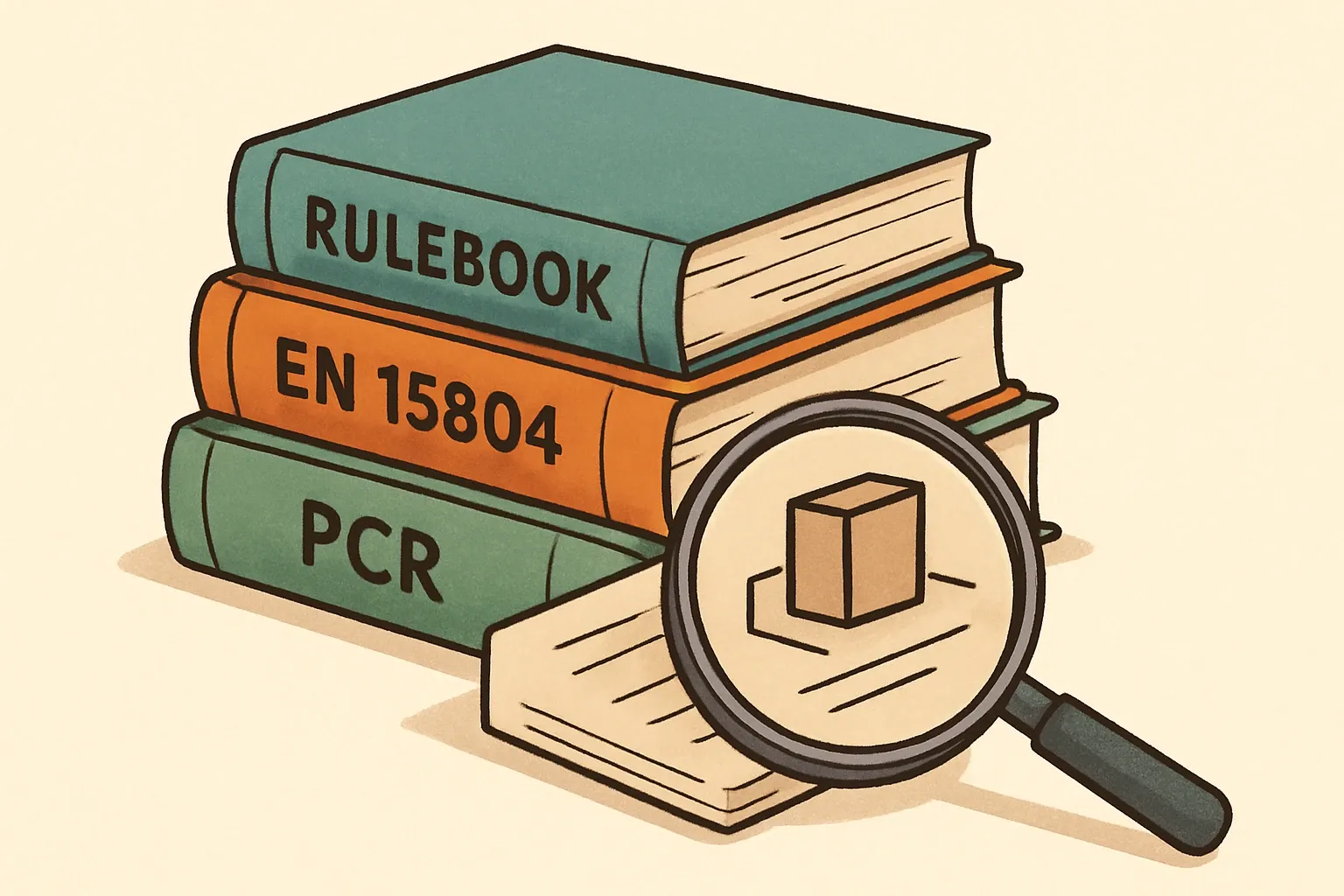 An illustrated stack of bound rulebooks labeled ISO 14025, EN 15804, and specific PCR titles, with a magnifying glass zooming in on a single product line.