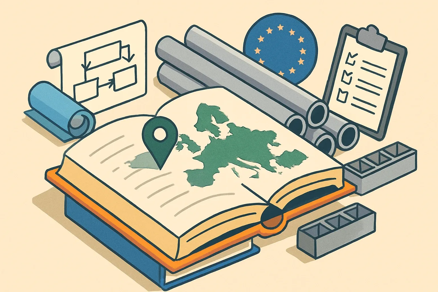 Generate an illustration for an article following this concept:

EPDs for Electrical Conduit in Europe: The Ultimate Guide
Planning an EPD for conduit systems in 2026 and want the full picture in one read. This guide distills the active players, the rulebooks they use, the expiry cliffs you must plan around, and the smartest next steps for manufacturers of electrical conduit, cable conduit, cable duct, raceway, and cable trunking in Europe.

Ensure that you use no text, as this illustration will be used on international translations of the article..

Use an illustrative style (e.g. isometic) and don't generate in a photorealistic style.
